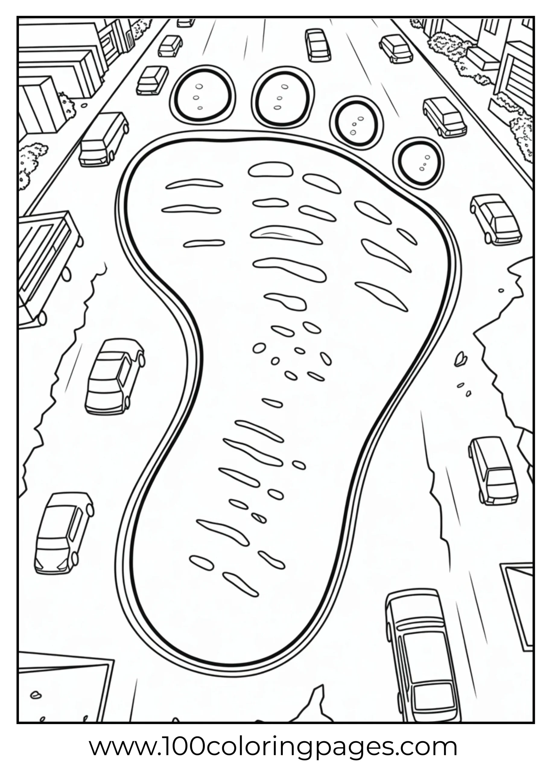 Godzilla giant footprint in cracked city pavement coloring page