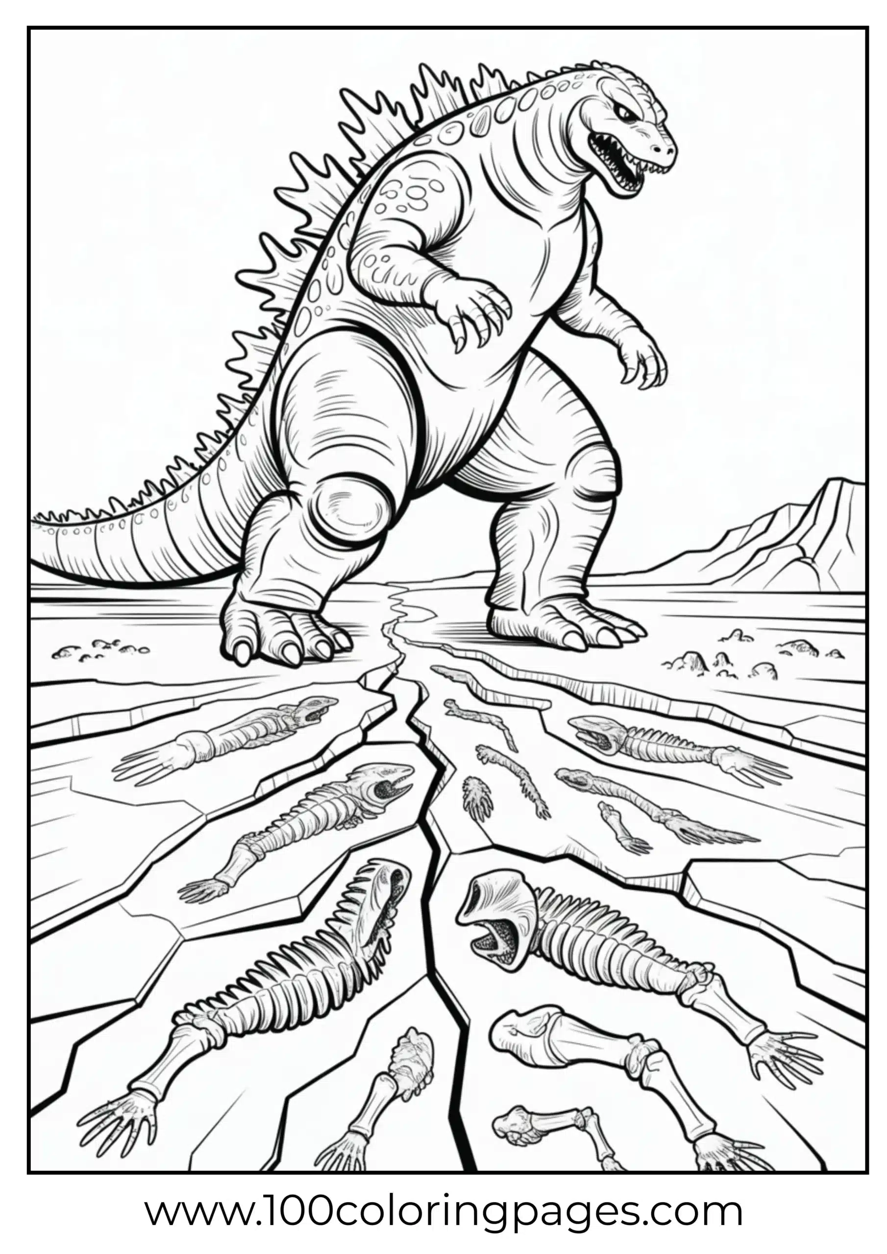 Godzilla walking over cracking fossil ground coloring page