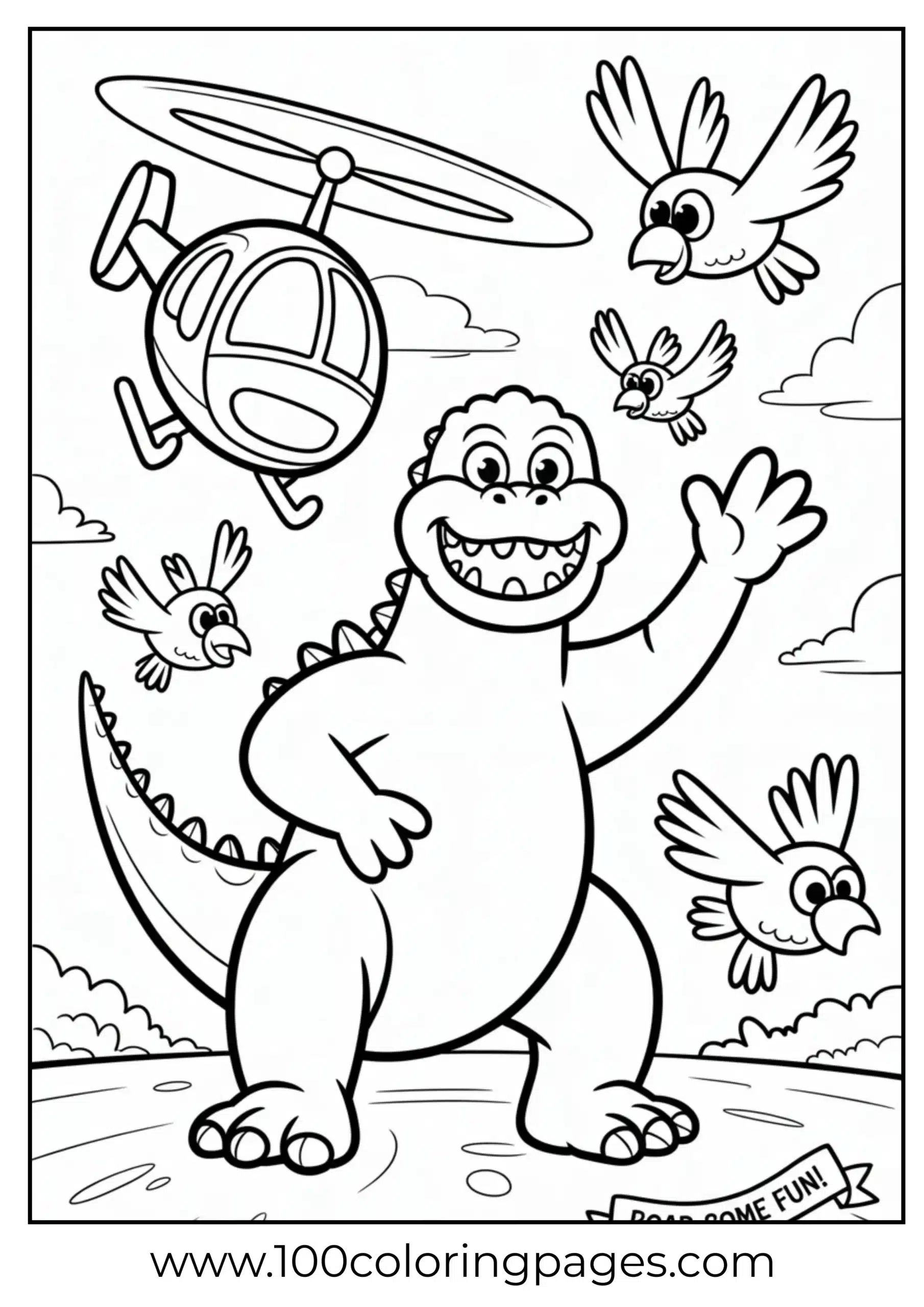 Cartoon Godzilla waving happily at helicopter coloring page