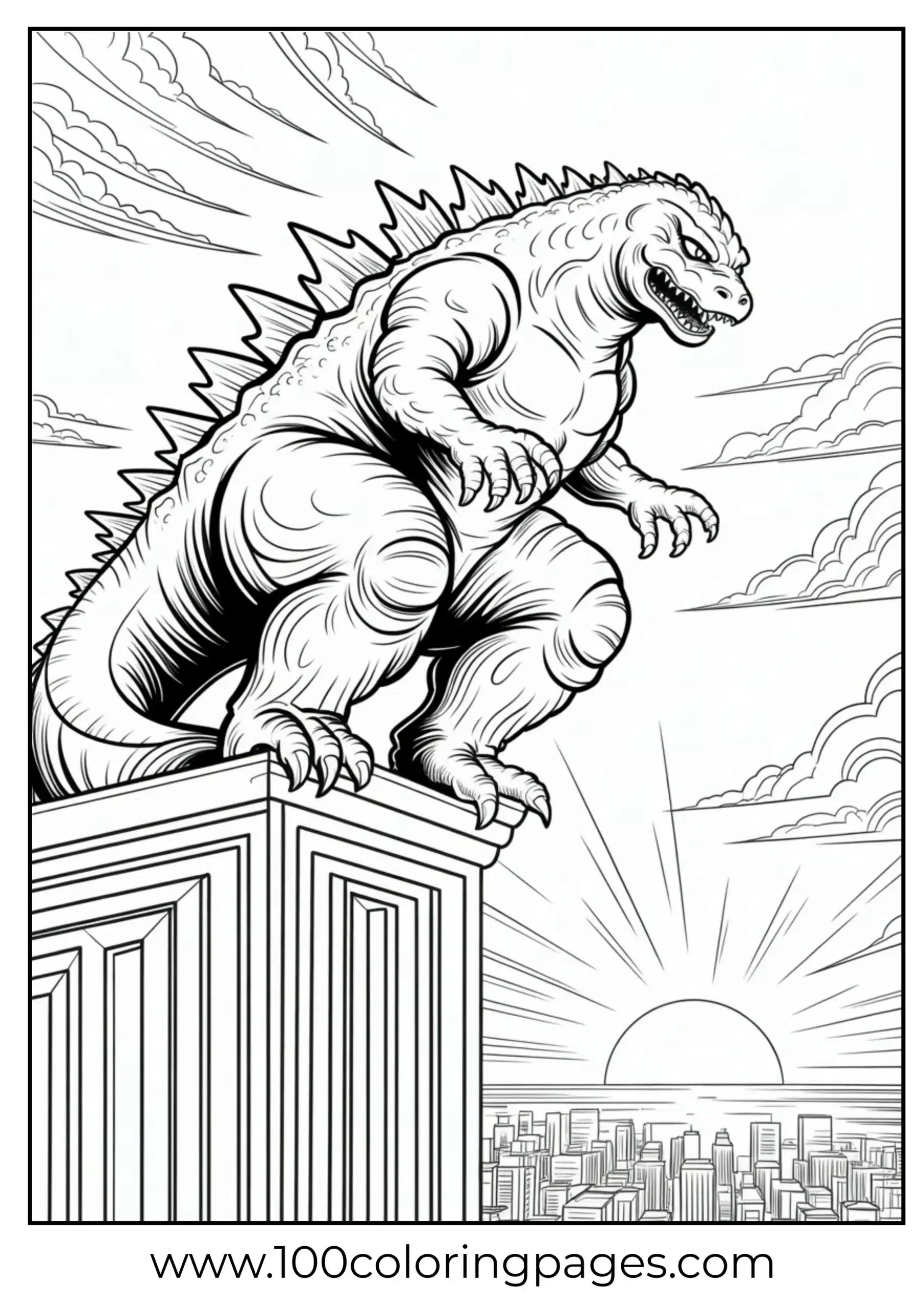 Godzilla crouched like gargoyle on rooftop coloring page