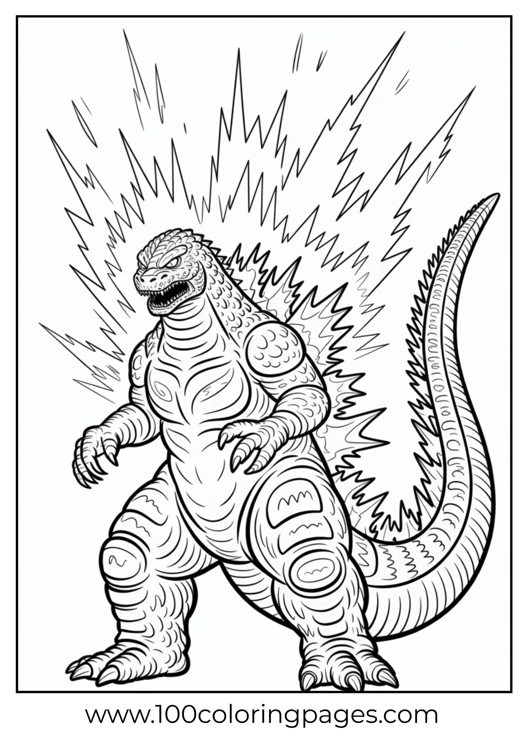 Godzilla with glowing spines pulsing energy coloring page