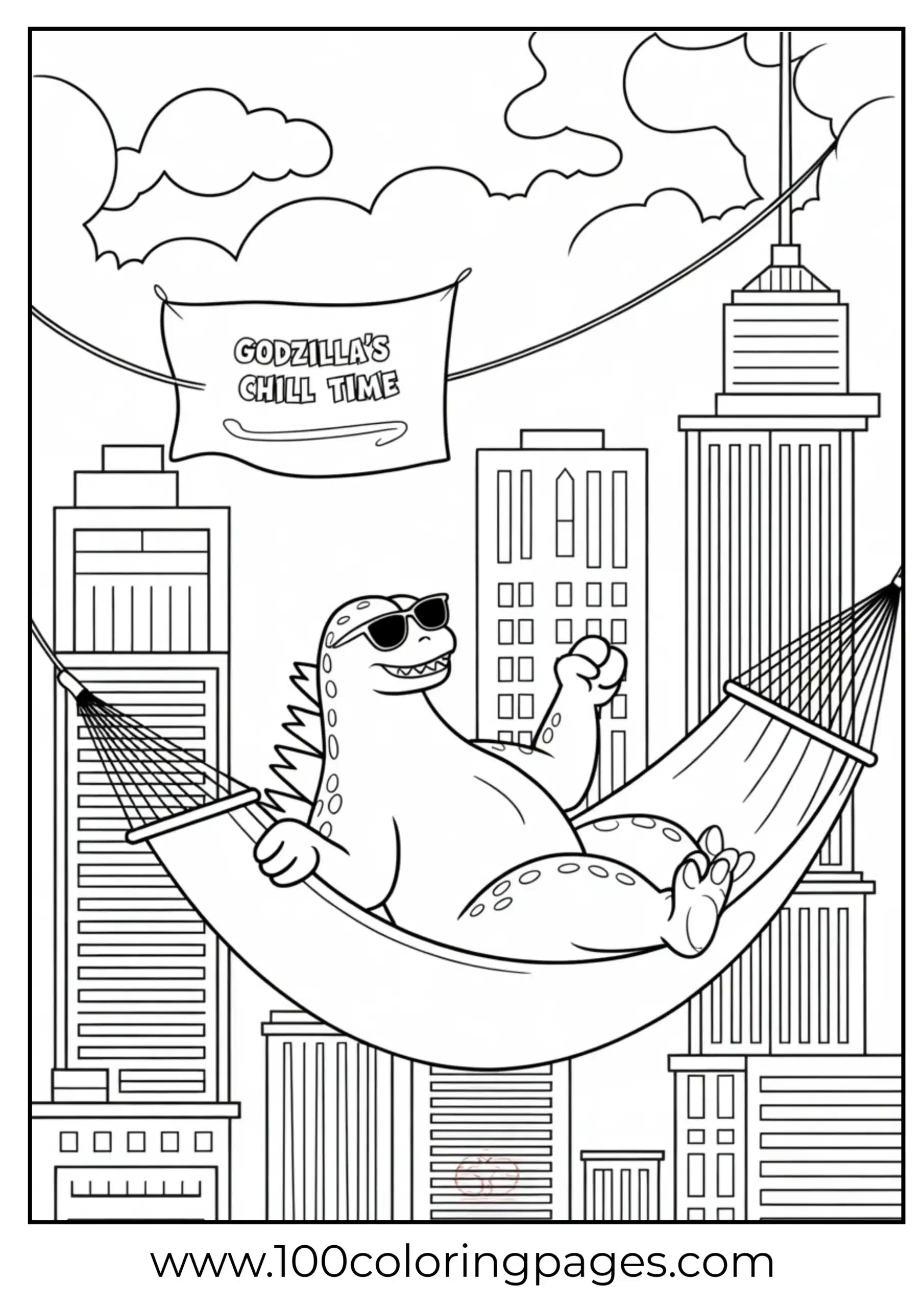 Godzilla resting in hammock across skyscrapers coloring page