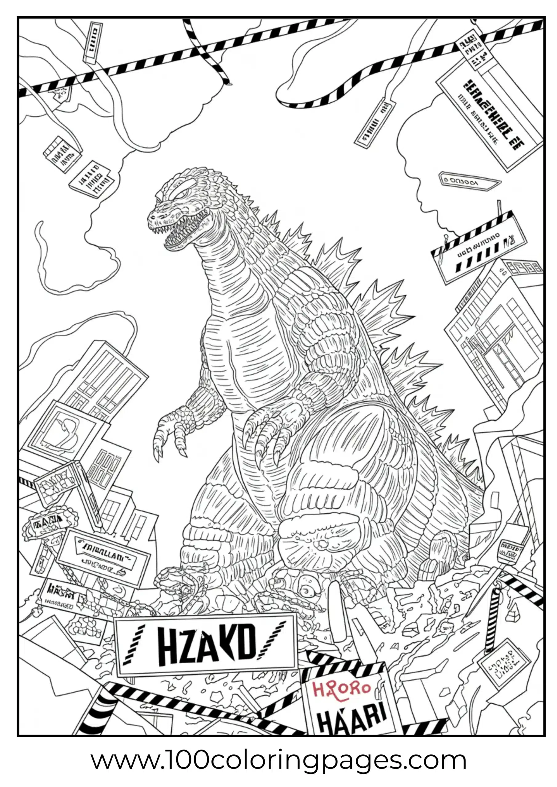 Godzilla in hazard zone with warning signs coloring page