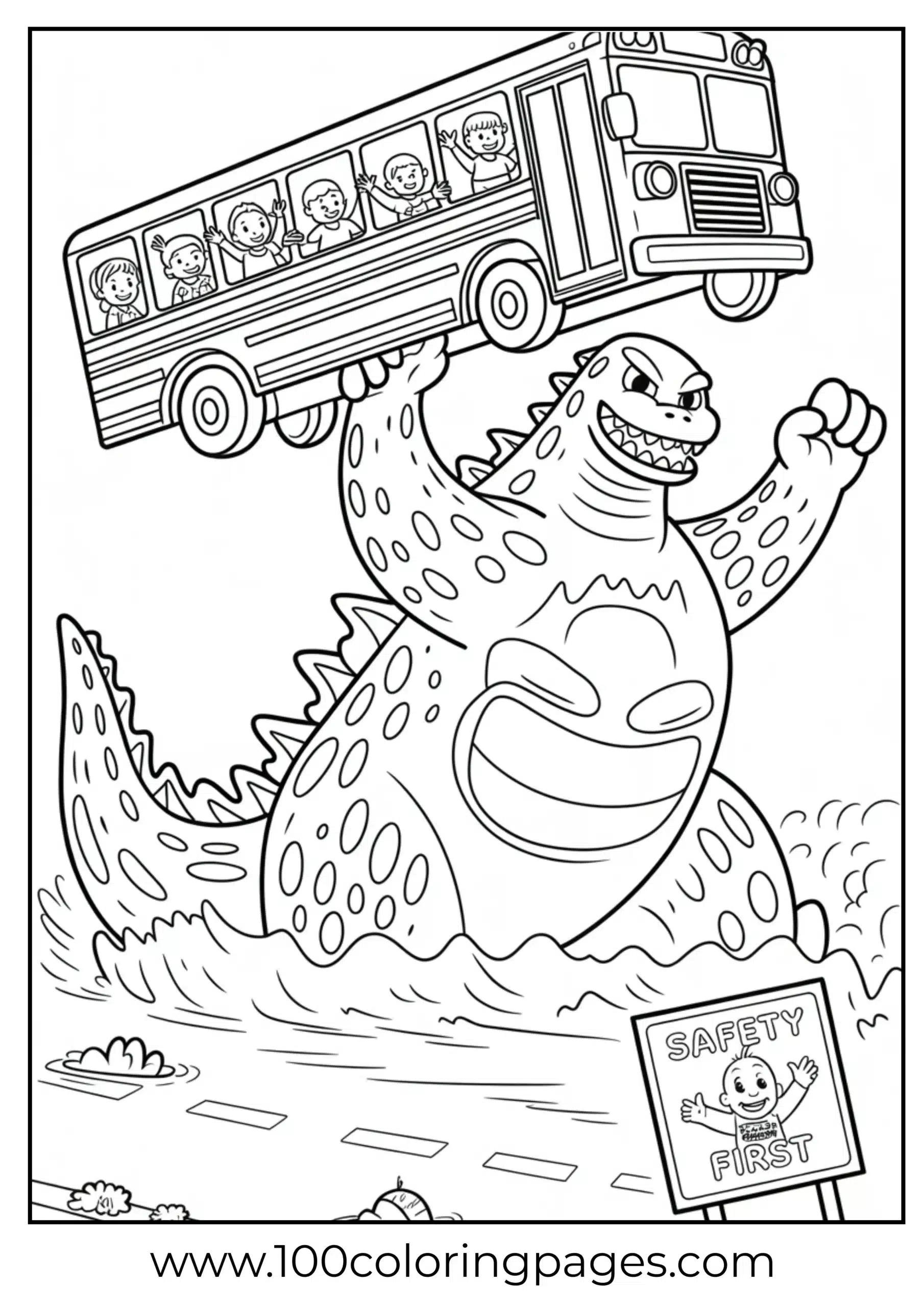 Godzilla helping school bus cross water, kids waving coloring page