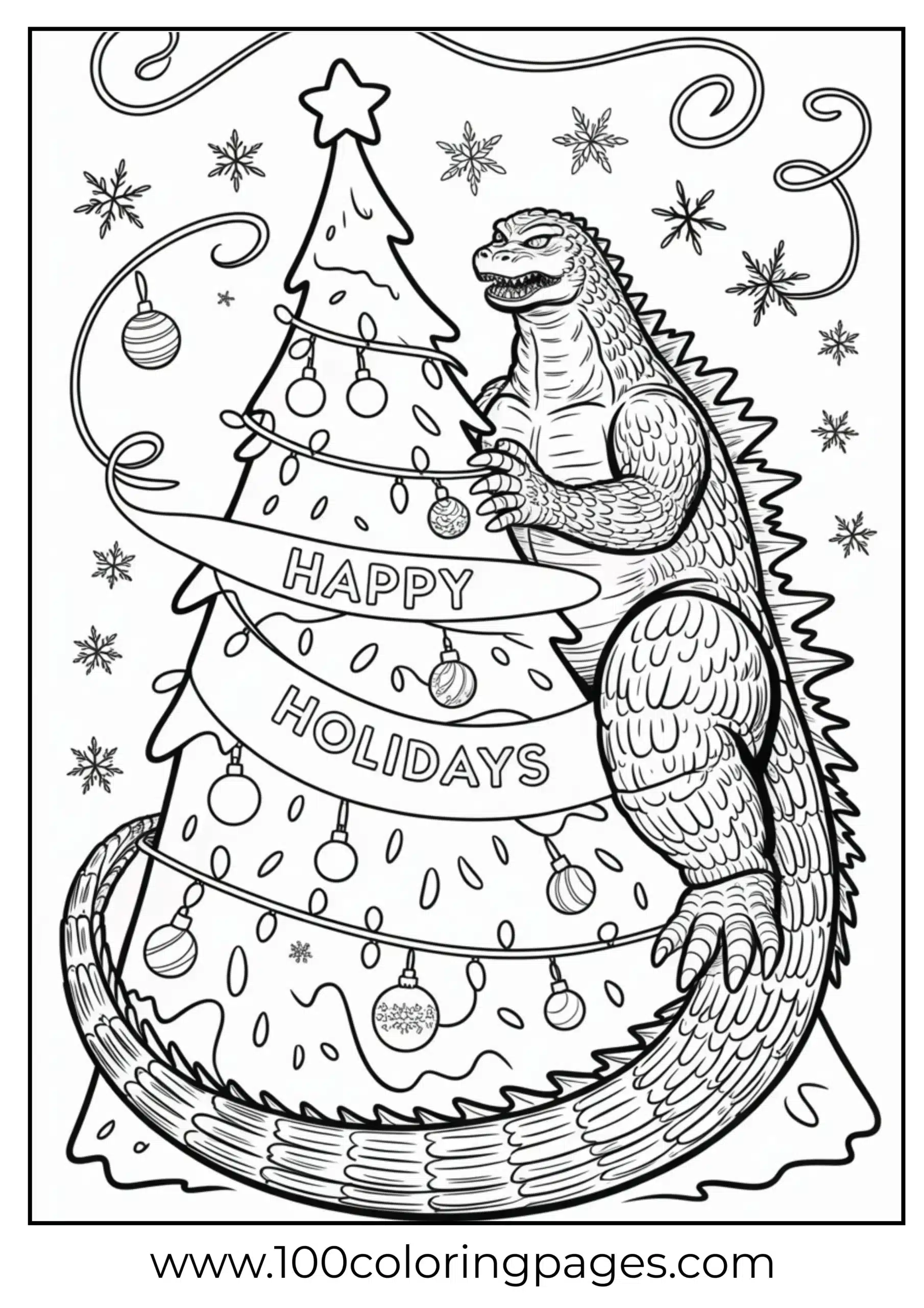 Godzilla tangled in Christmas lights and decorations coloring page