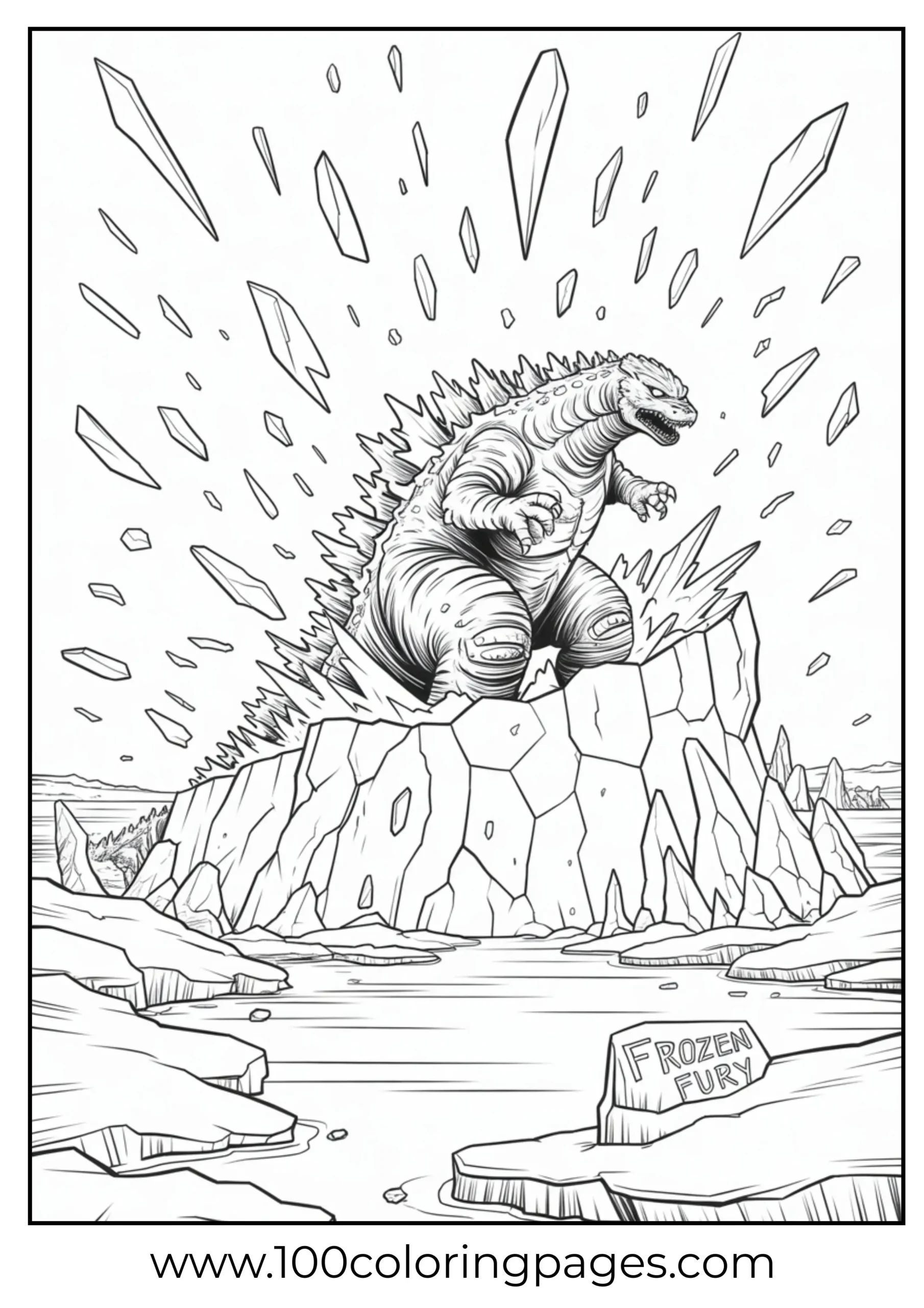 Godzilla breaking ice wall in snowy scene coloring page