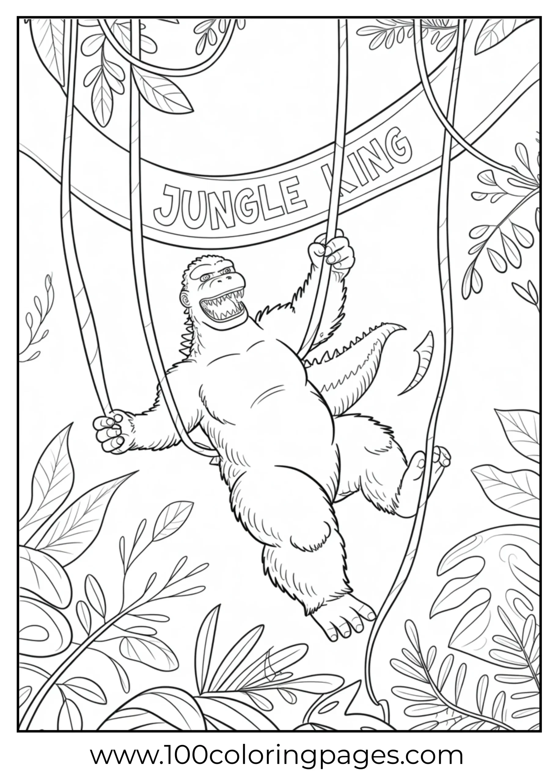 Godzilla swinging through jungle on vines coloring page