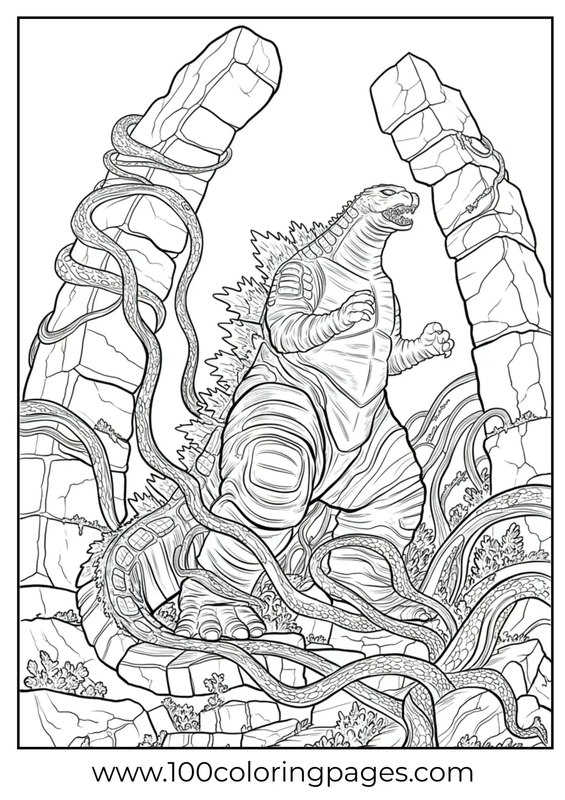Godzilla caught in jungle ruins with vines coloring page