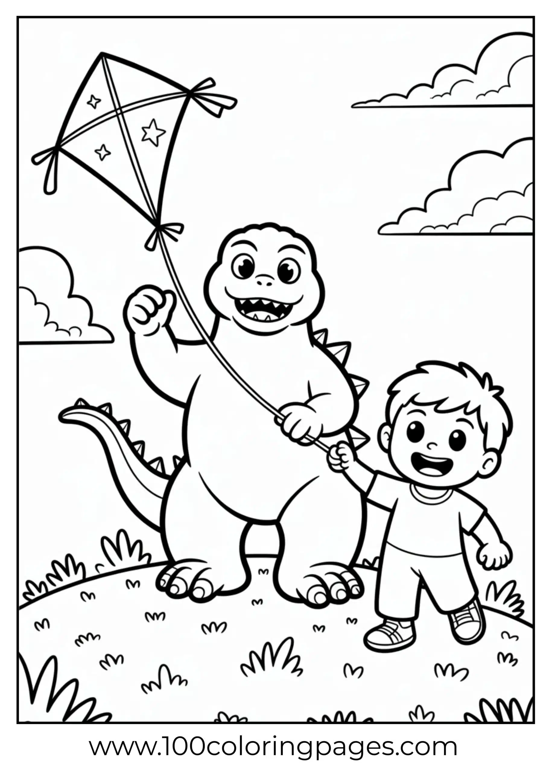 Godzilla and child flying kite on hill coloring page