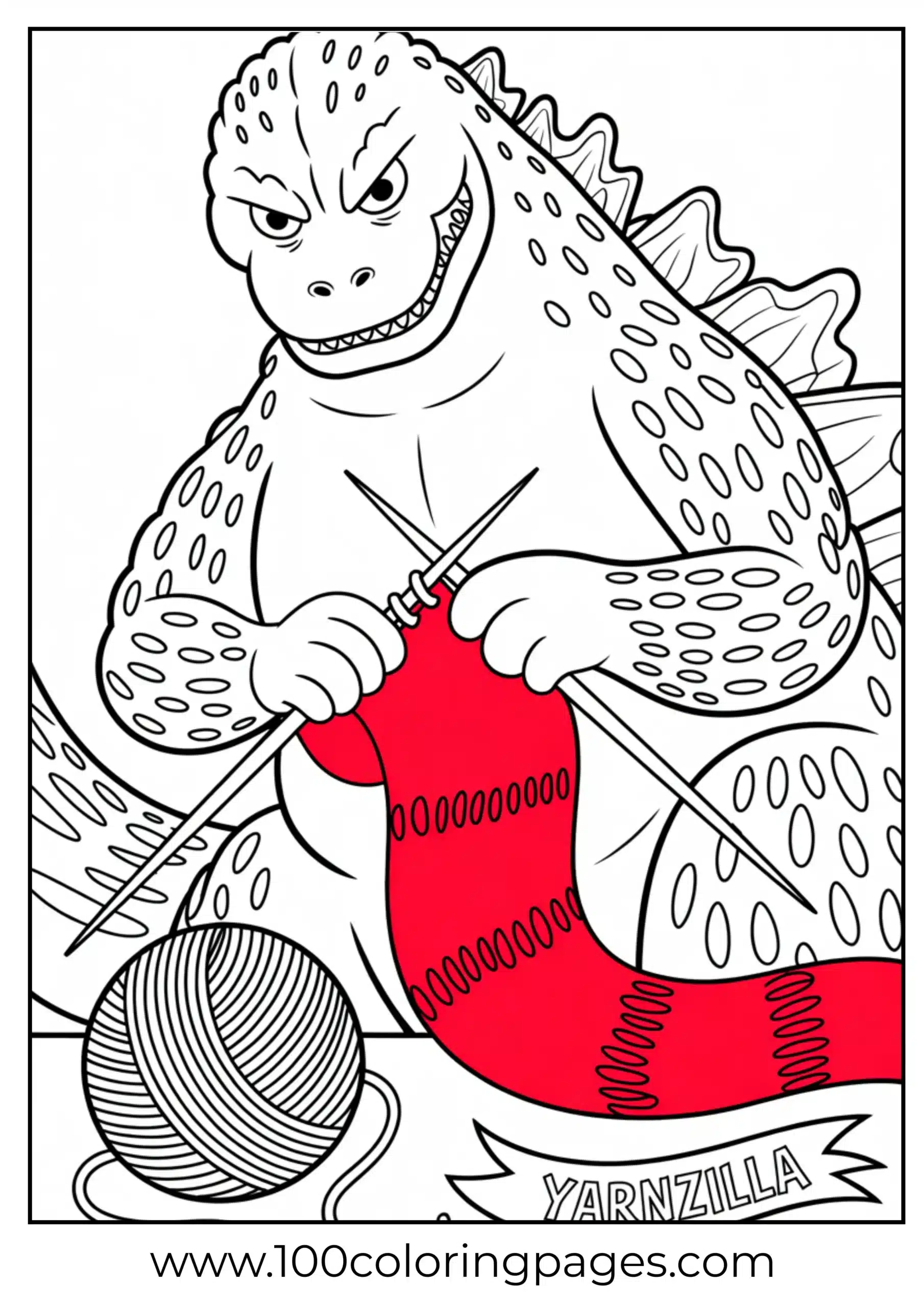Godzilla knitting scarf from giant yarn coloring page