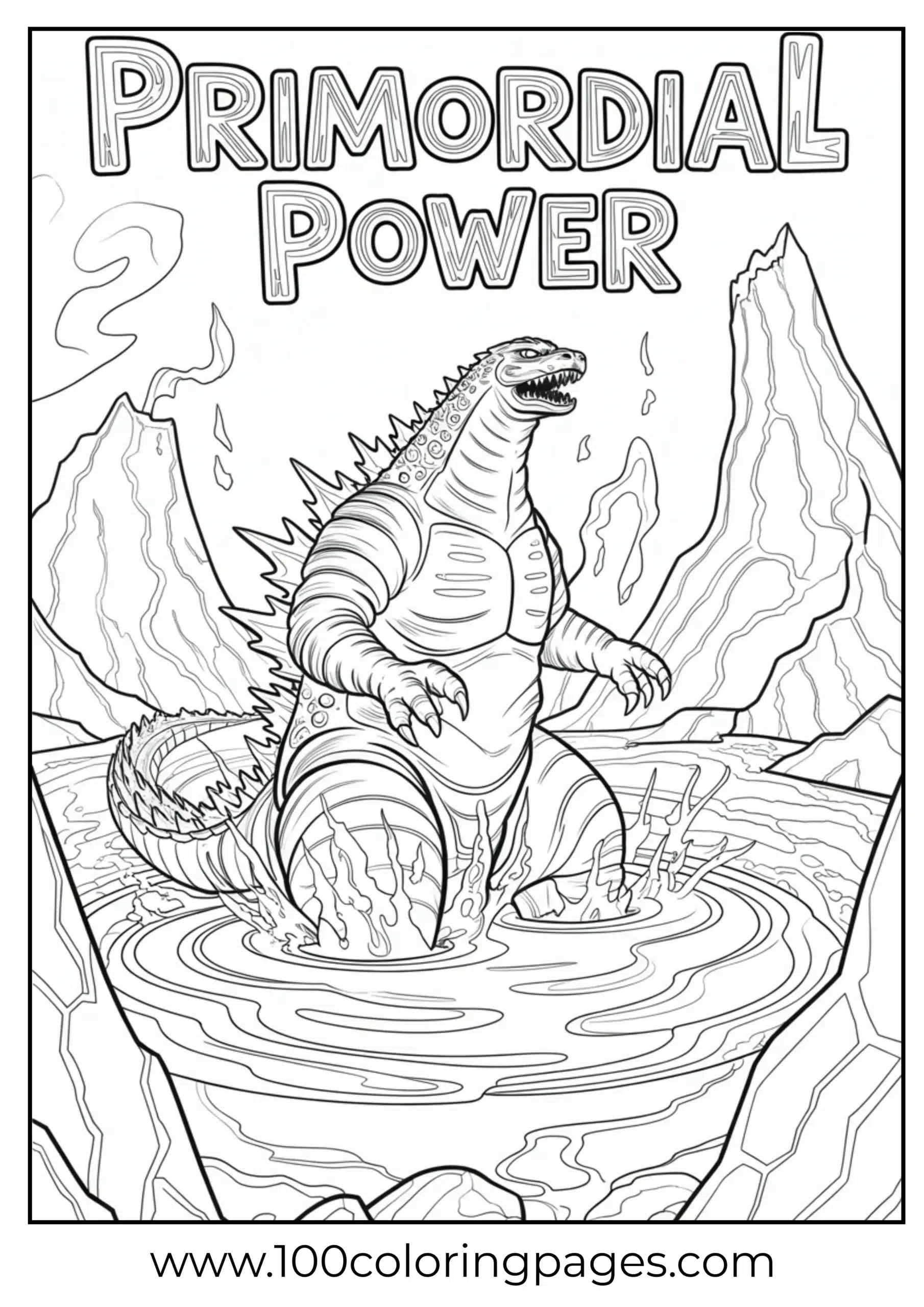 Godzilla emerging from lava core chamber coloring page