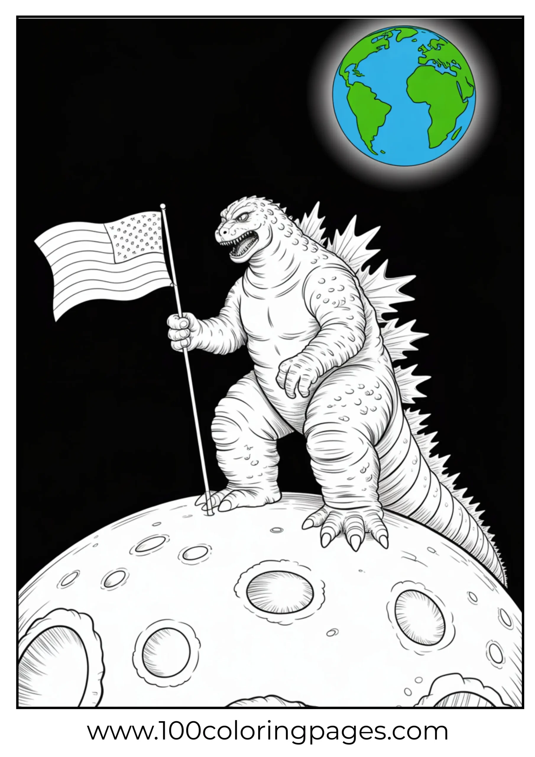 Godzilla on moon with flag and Earth behind coloring page
