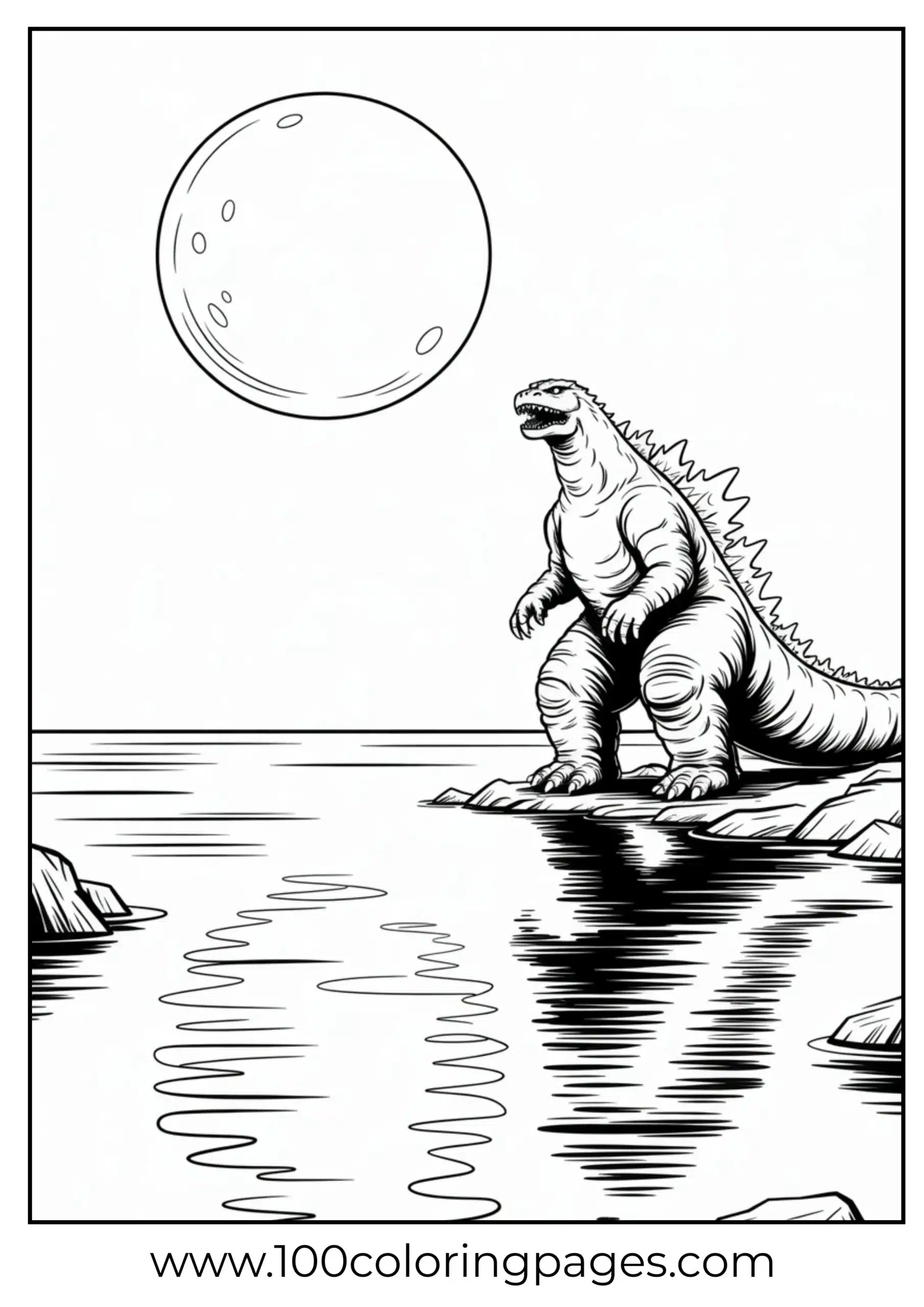 Godzilla at moonrise over water coloring page