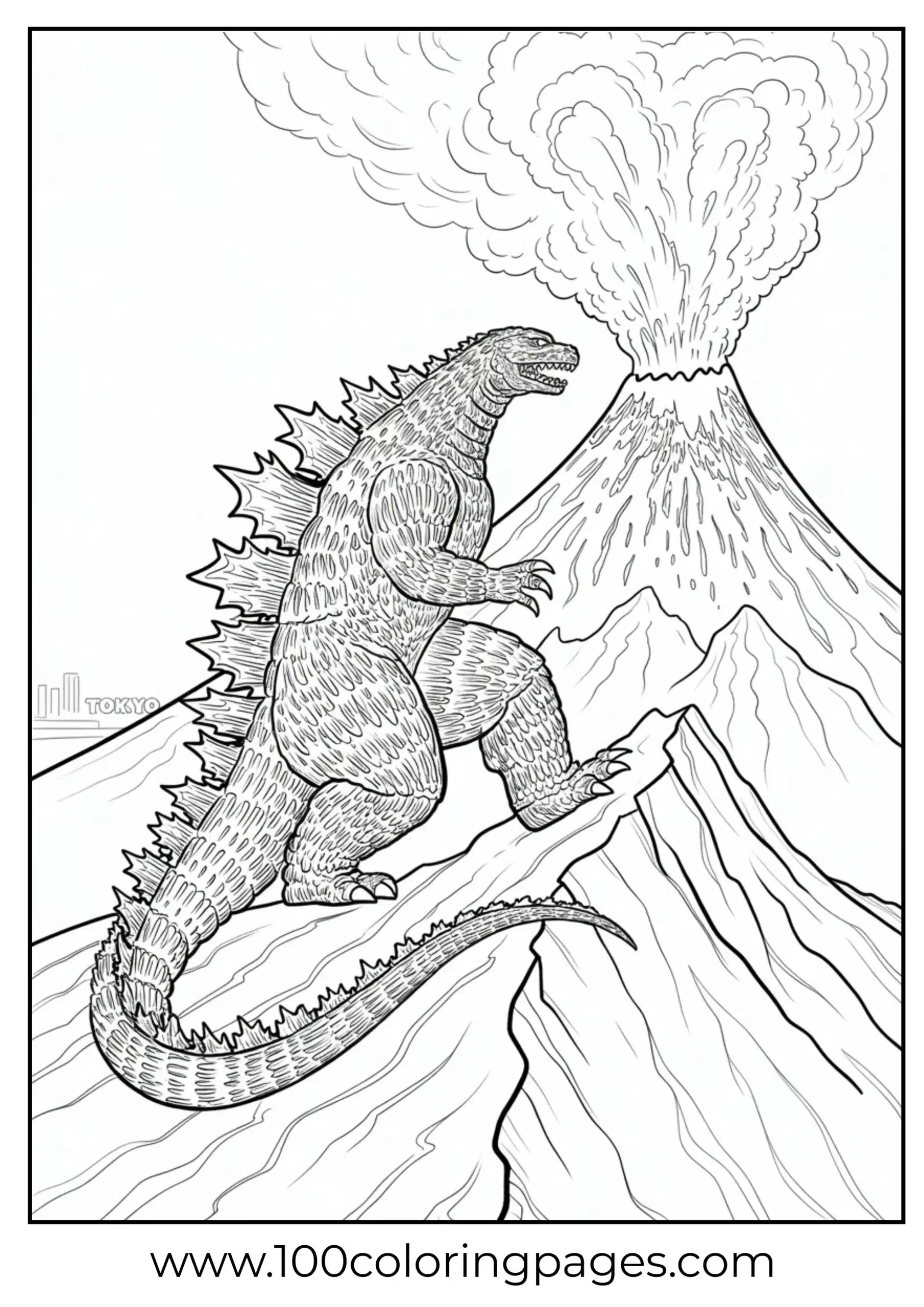 Godzilla stepping across mountain with volcano in back coloring page