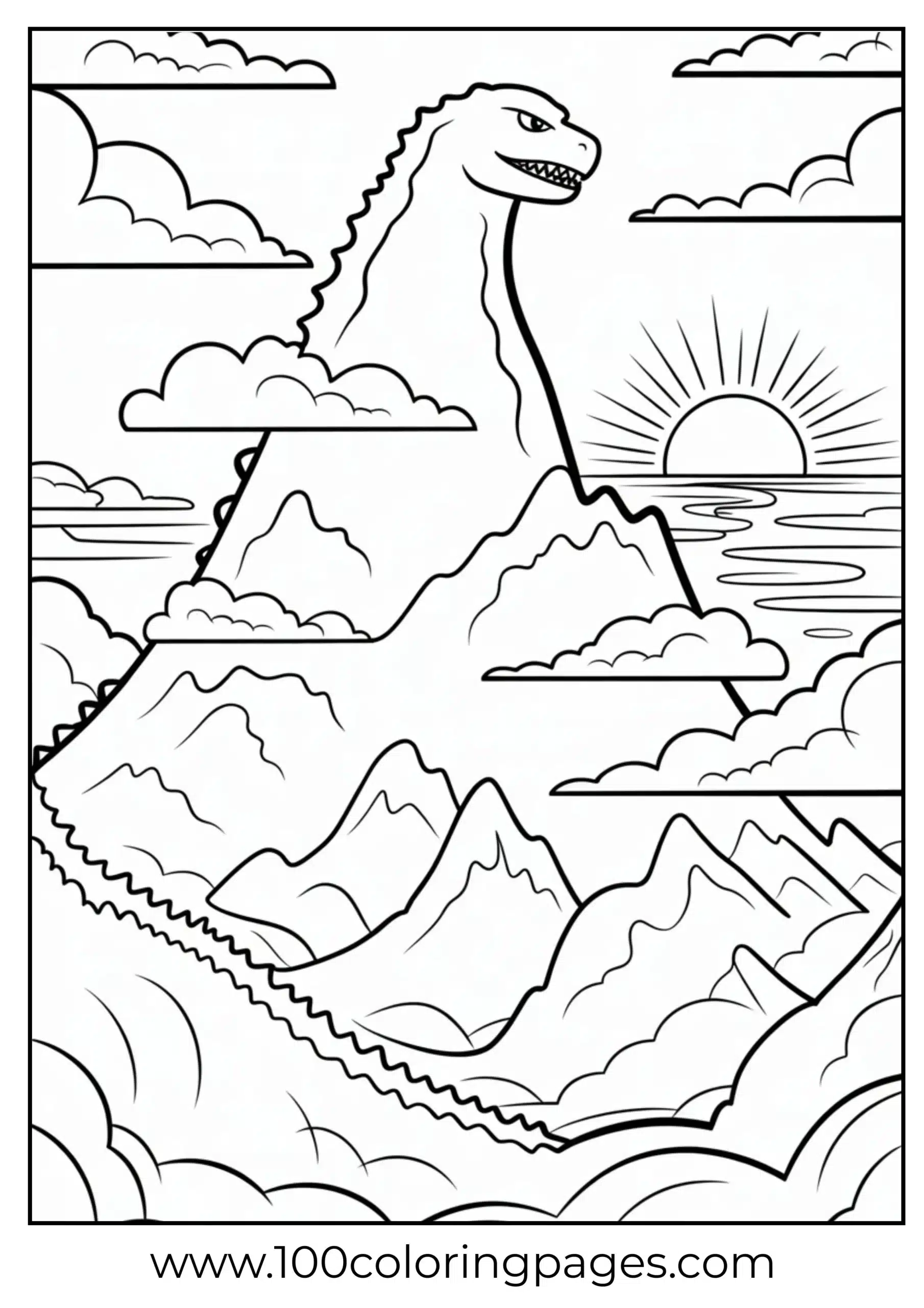Mountain landscape shaped like Godzilla coloring page