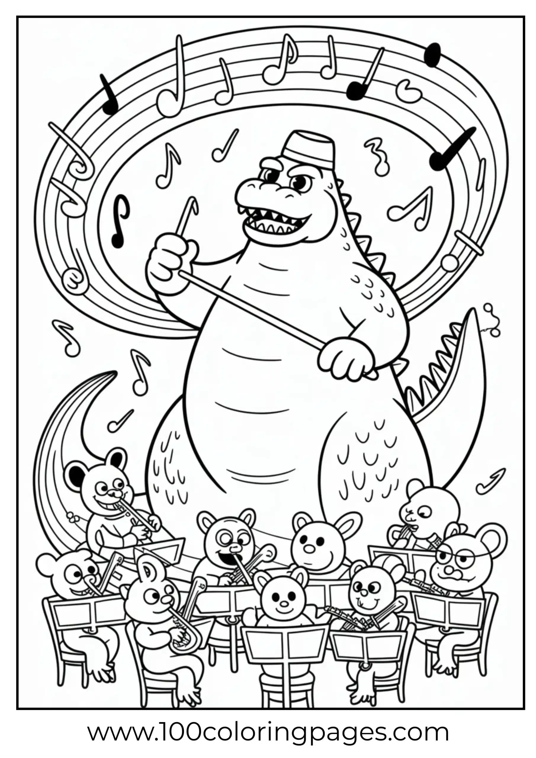 Godzilla conducting symphony on stage coloring page