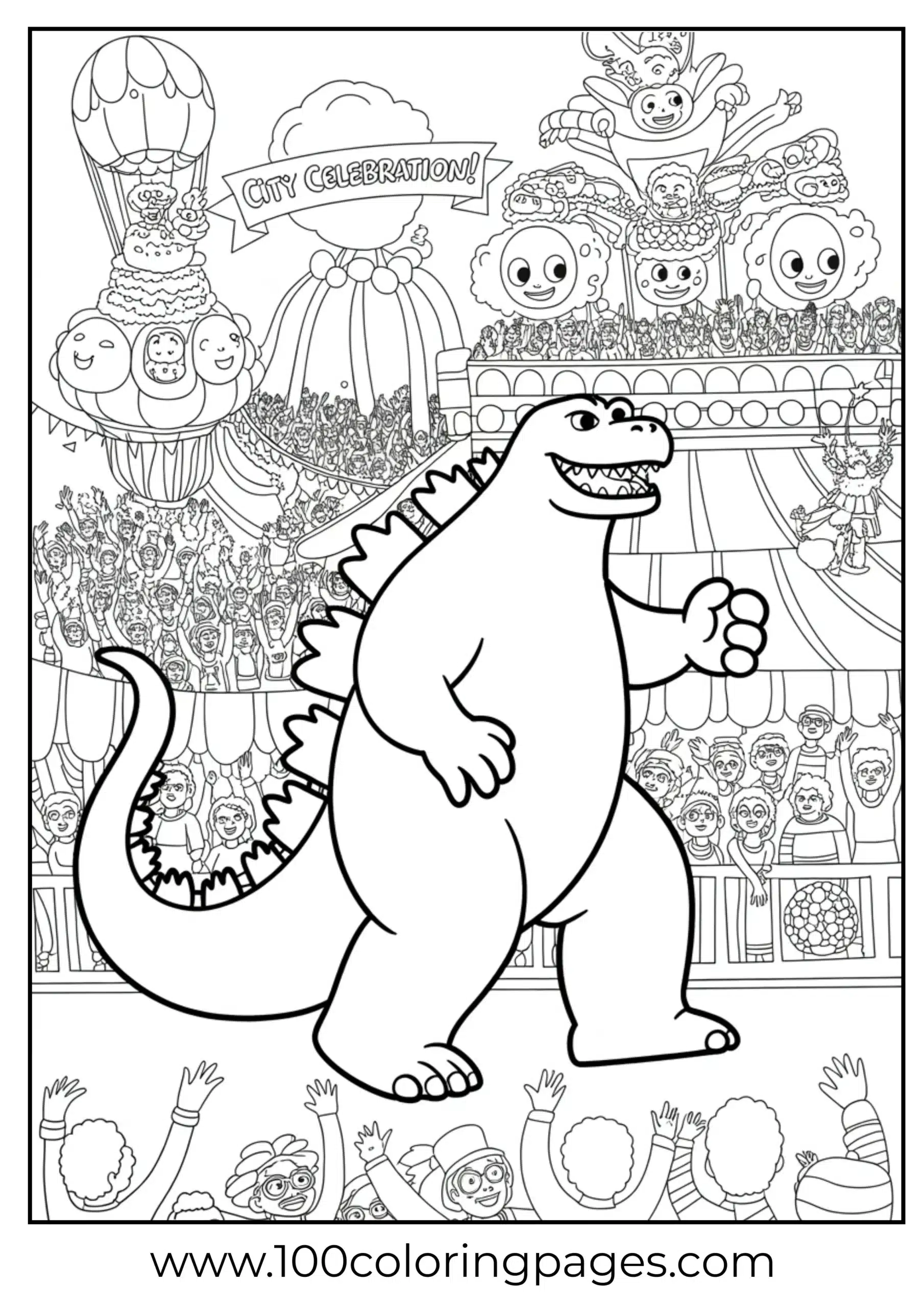 Godzilla beside parade floats and waving crowd coloring page