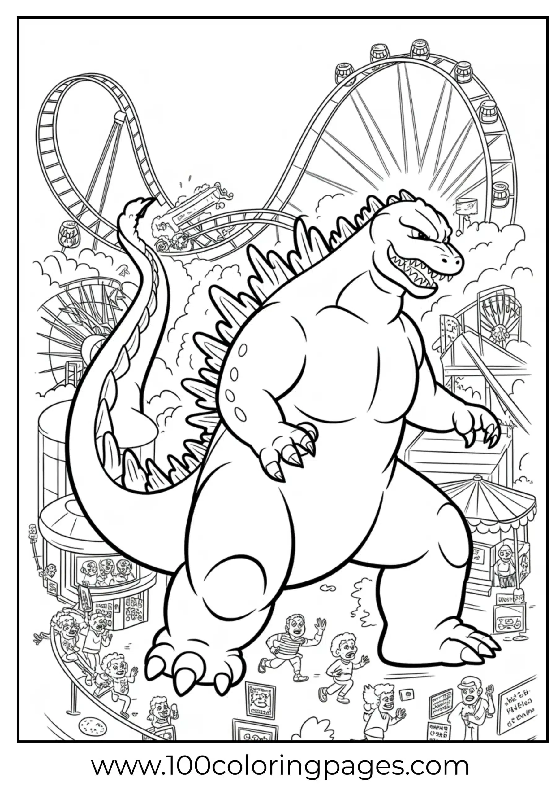 Godzilla destroying amusement park with rollercoaster coloring page