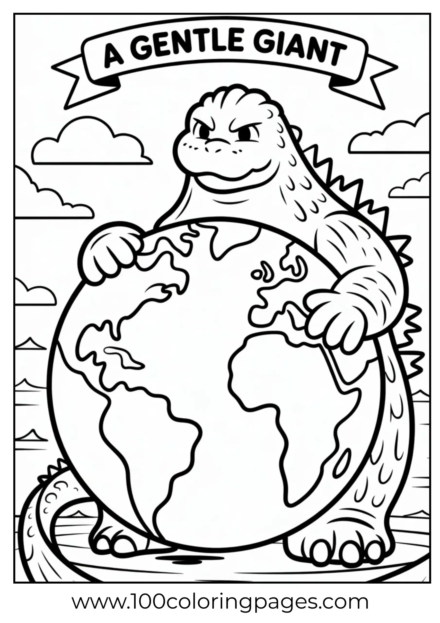 Cartoon Godzilla hugging Earth globe coloring page