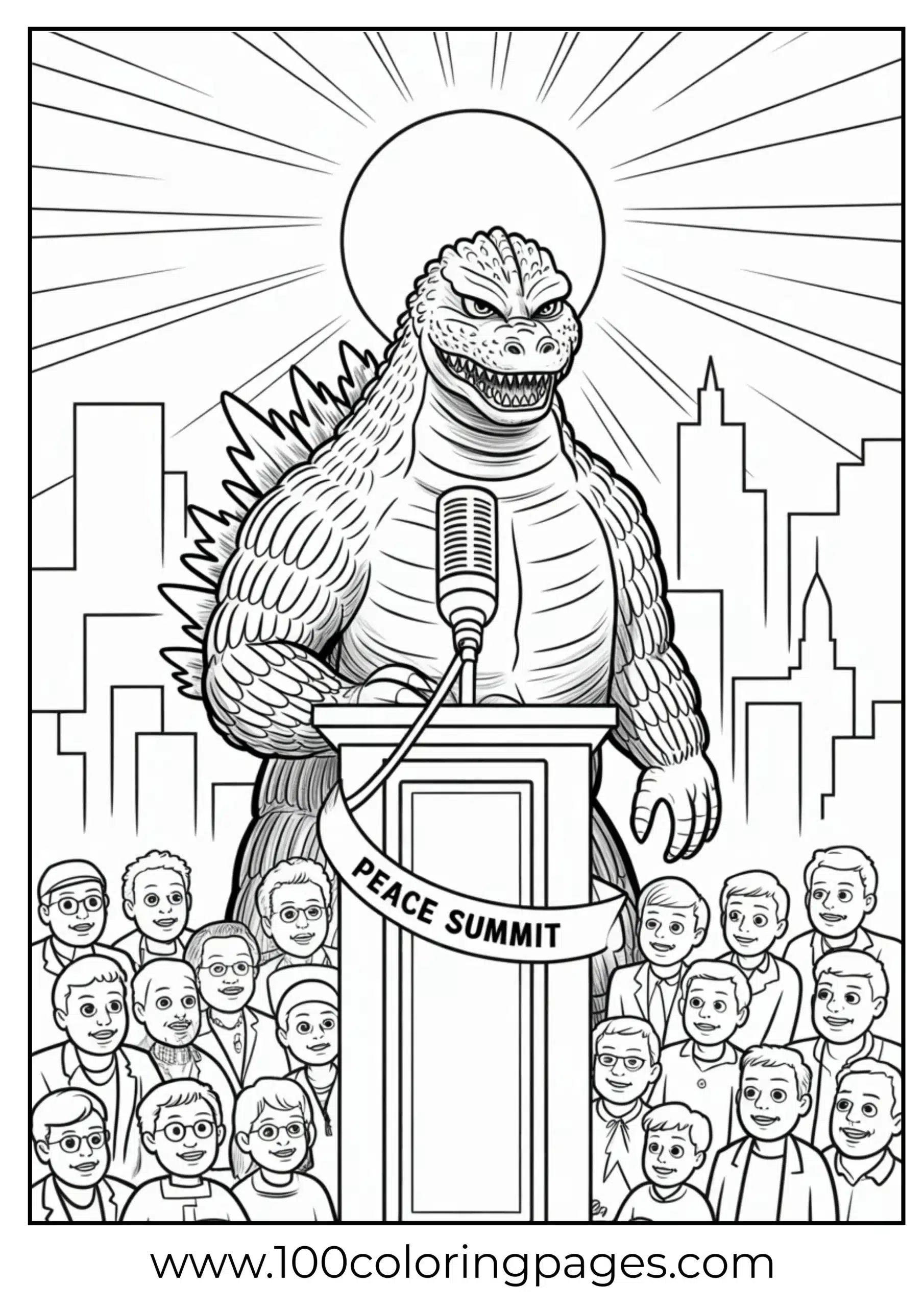 Godzilla giving speech at podium with crowd coloring page