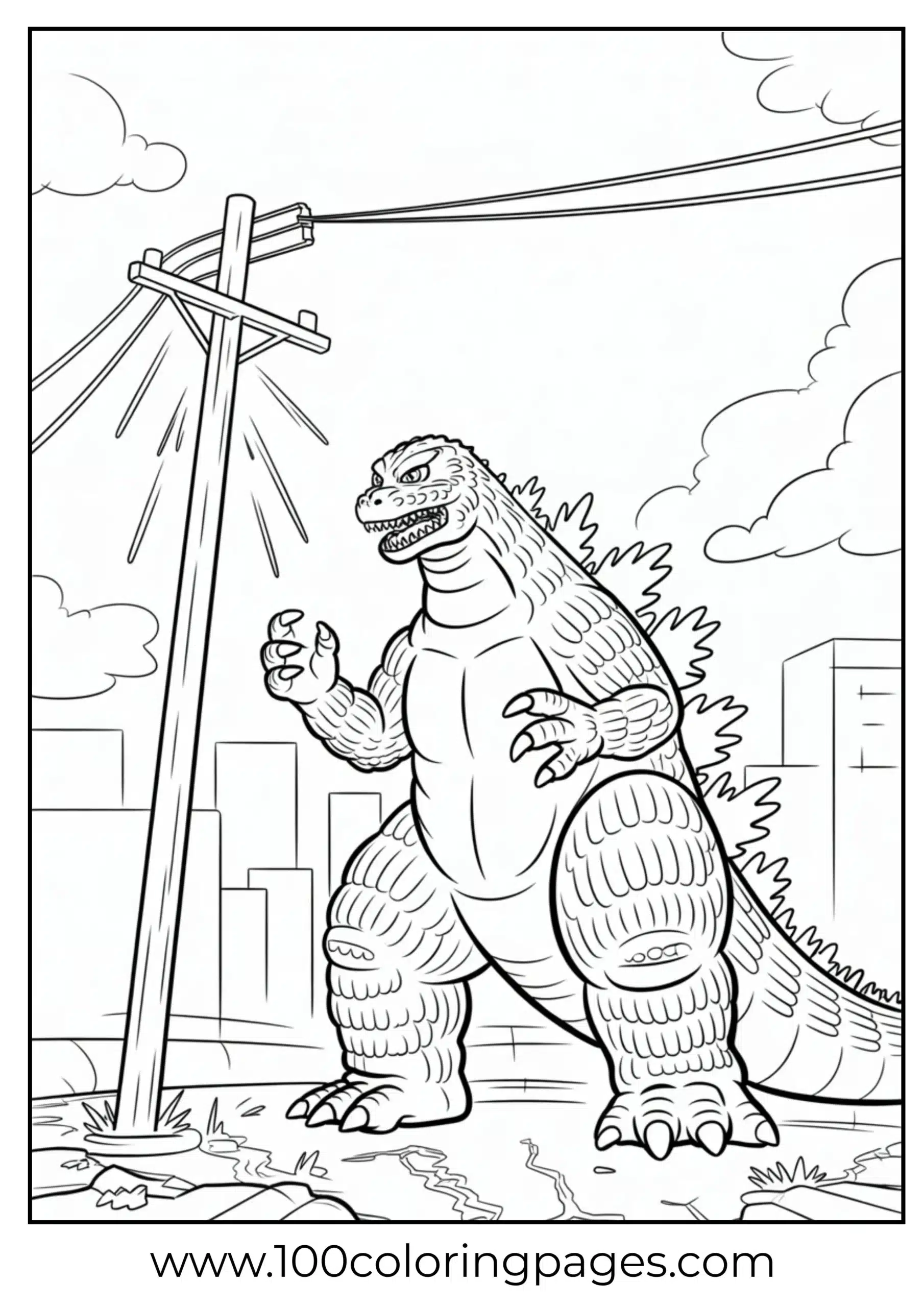 Godzilla tearing up power pole with sparks coloring page