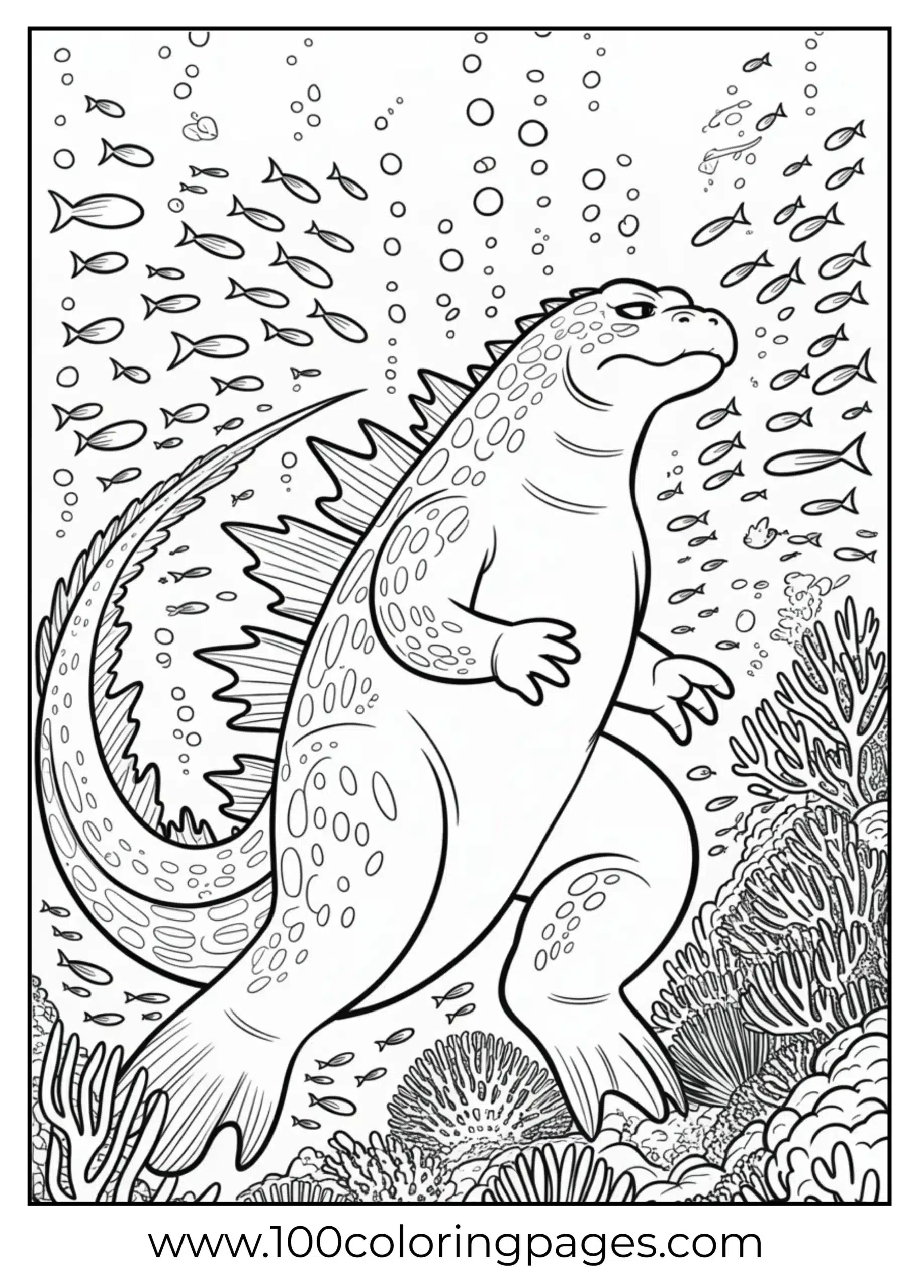 Godzilla swimming over coral reef underwater coloring page