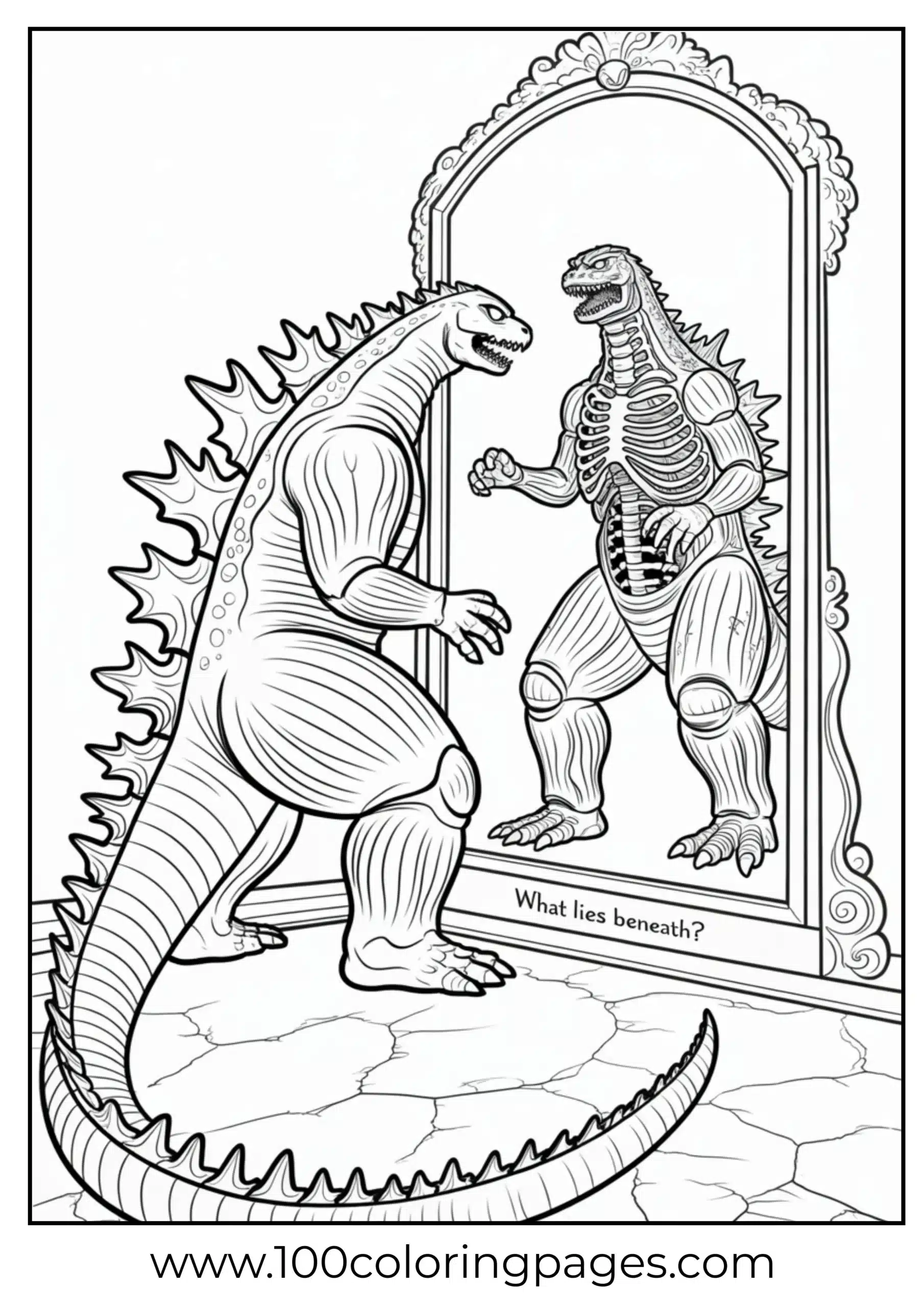 Godzilla looking in mirror seeing skeleton coloring page