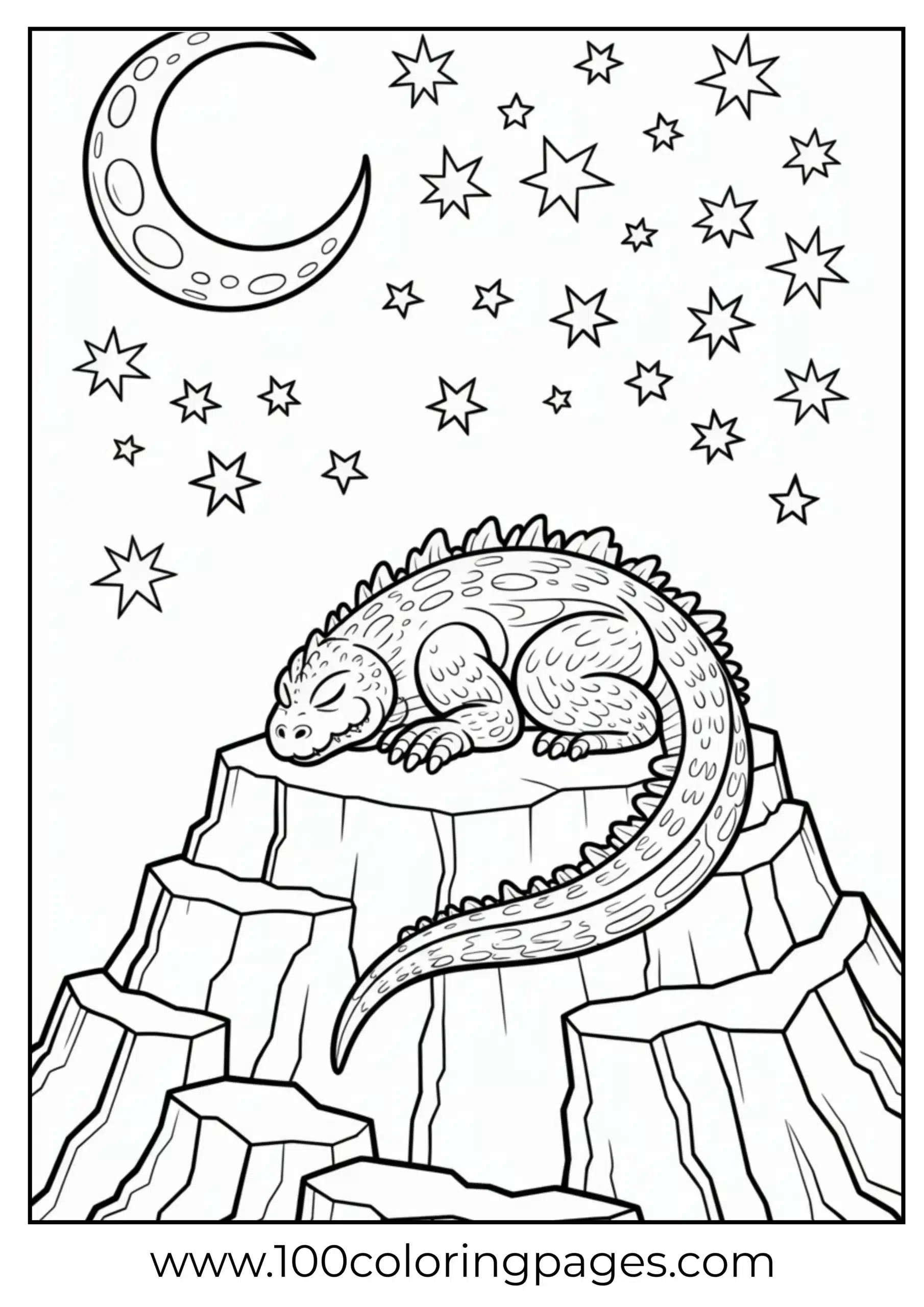 Godzilla peacefully sleeping on rock coloring page