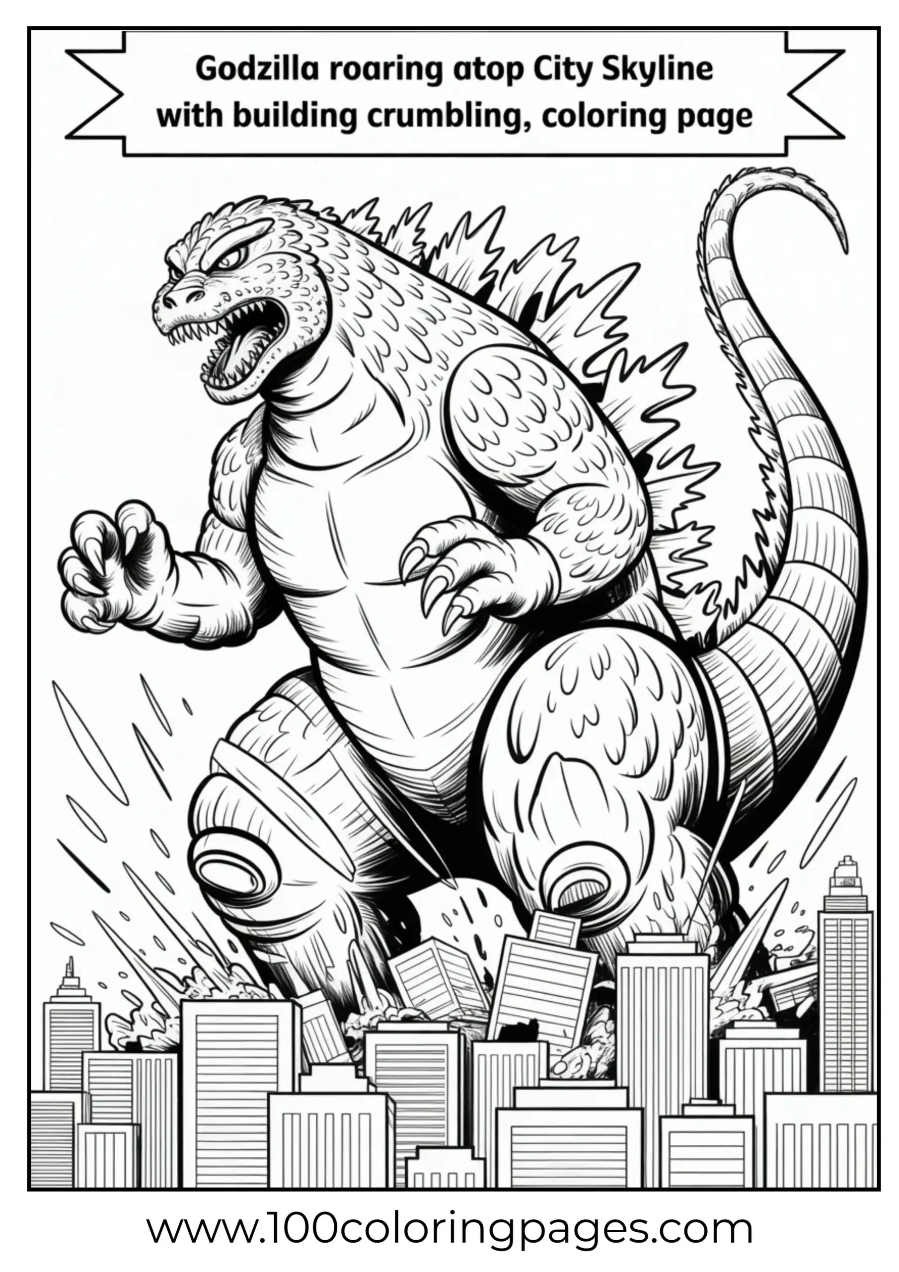 Godzilla roaring over city skyline coloring page