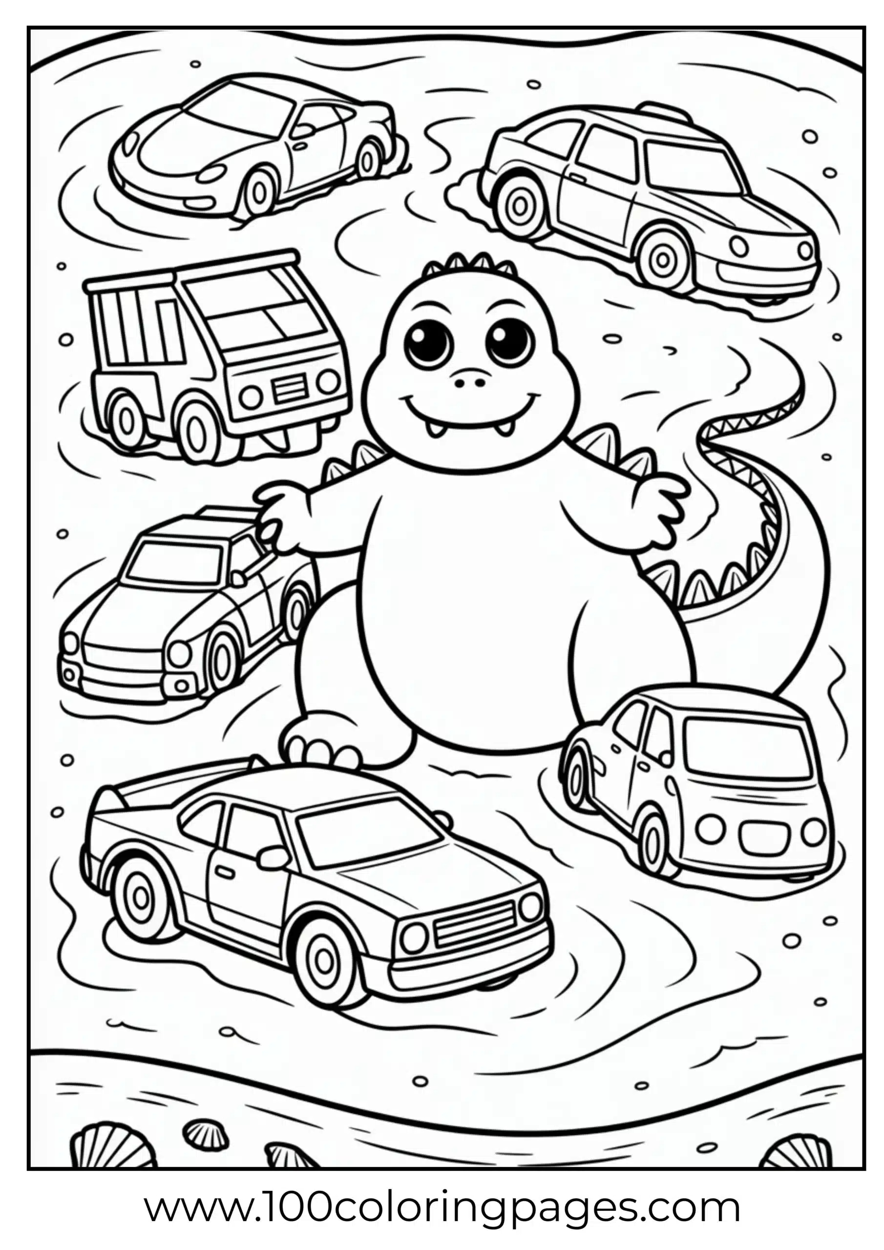 Mini Godzilla playing in sandbox with toys coloring page