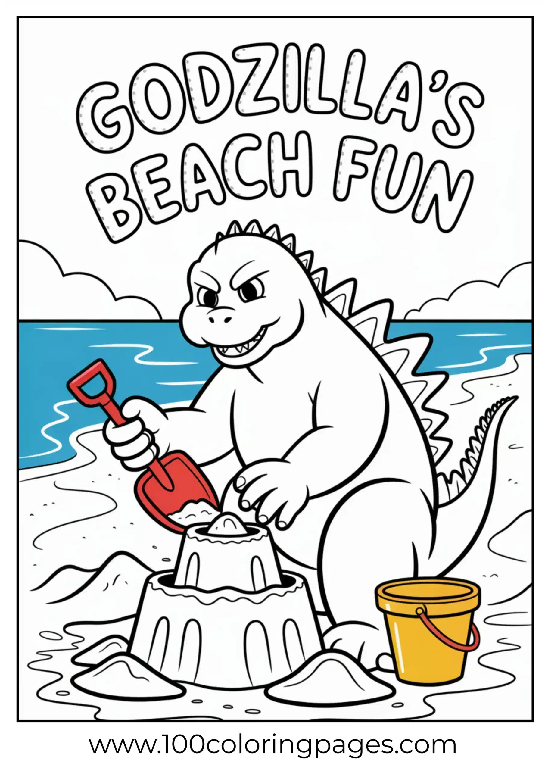Godzilla making sandcastle on beach coloring page