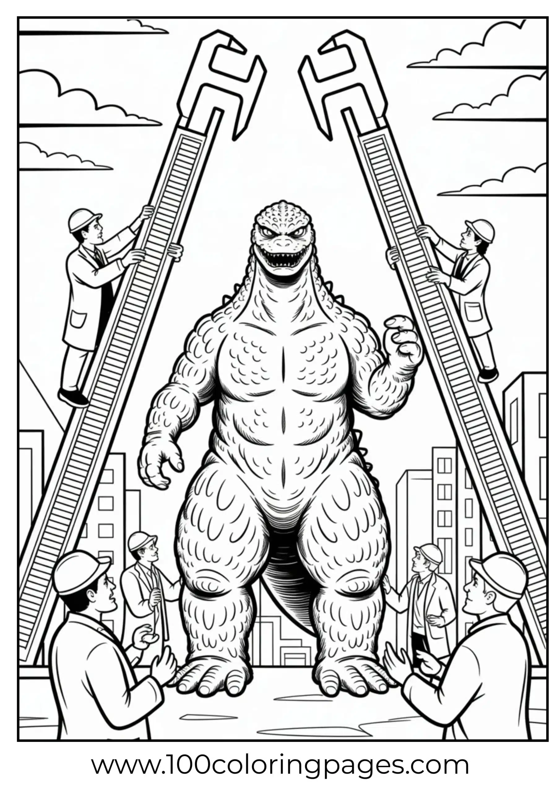 Godzilla being measured by scientists with tools coloring page