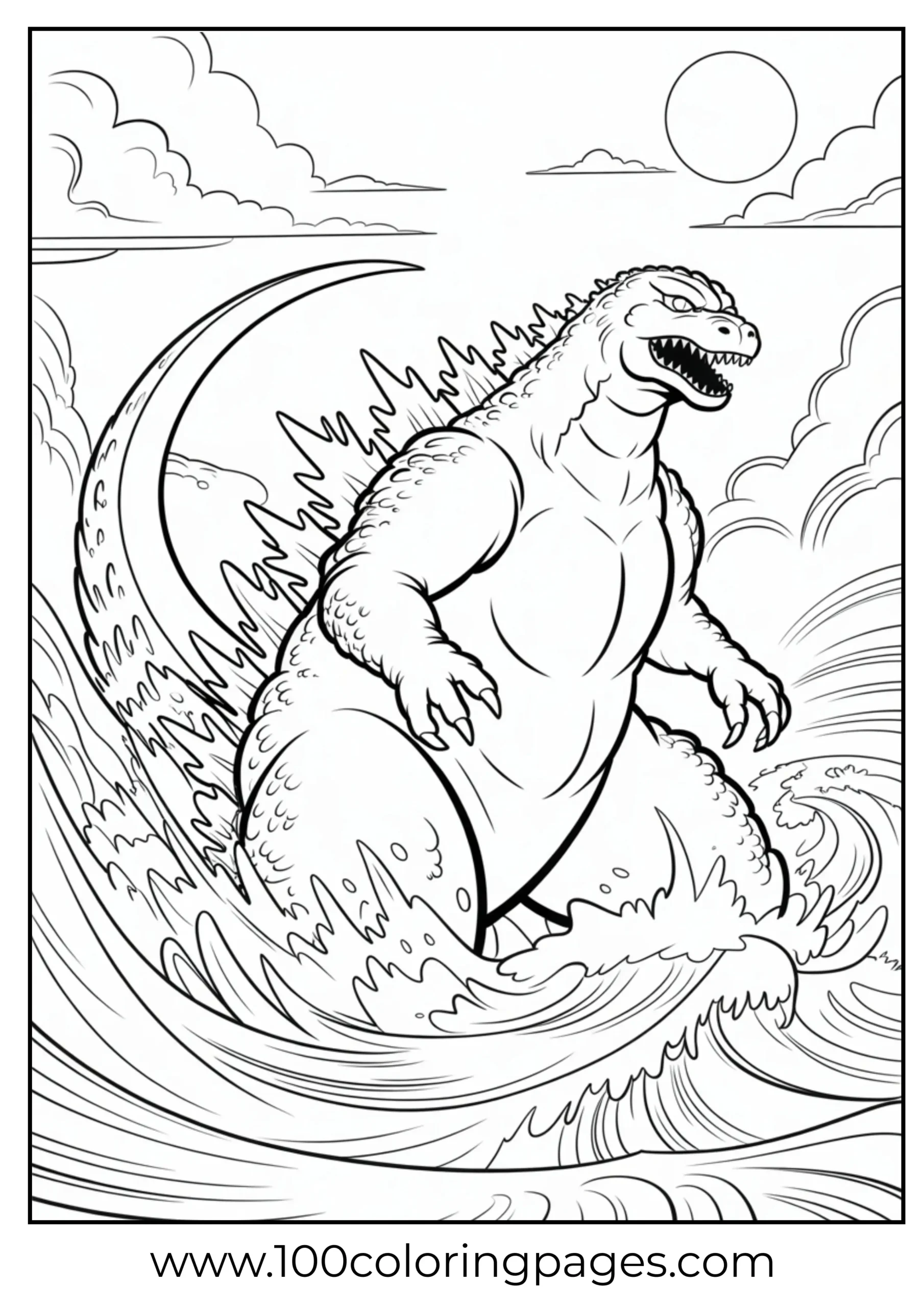 Godzilla emerging from ocean waves coloring page