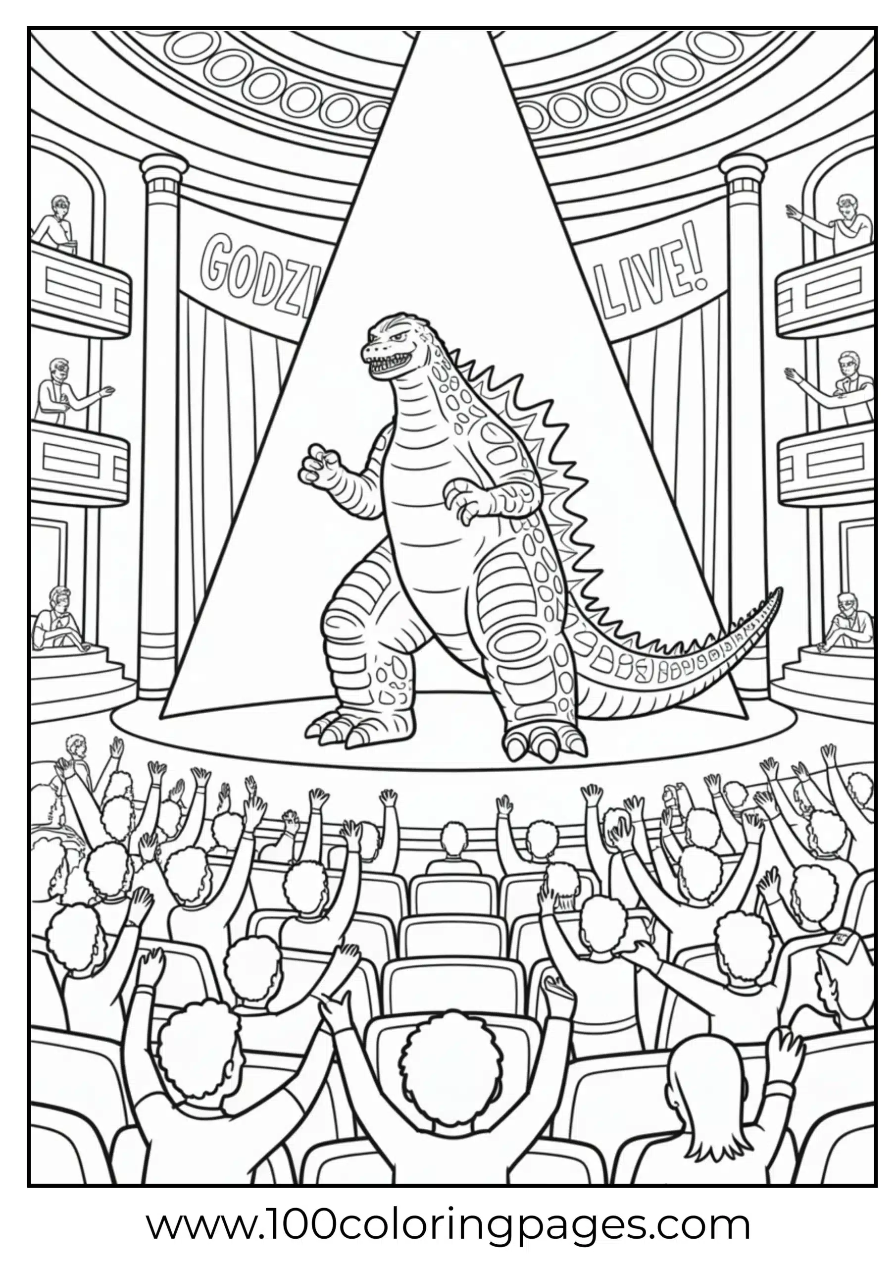 Godzilla under spotlight with crowd silhouette coloring page