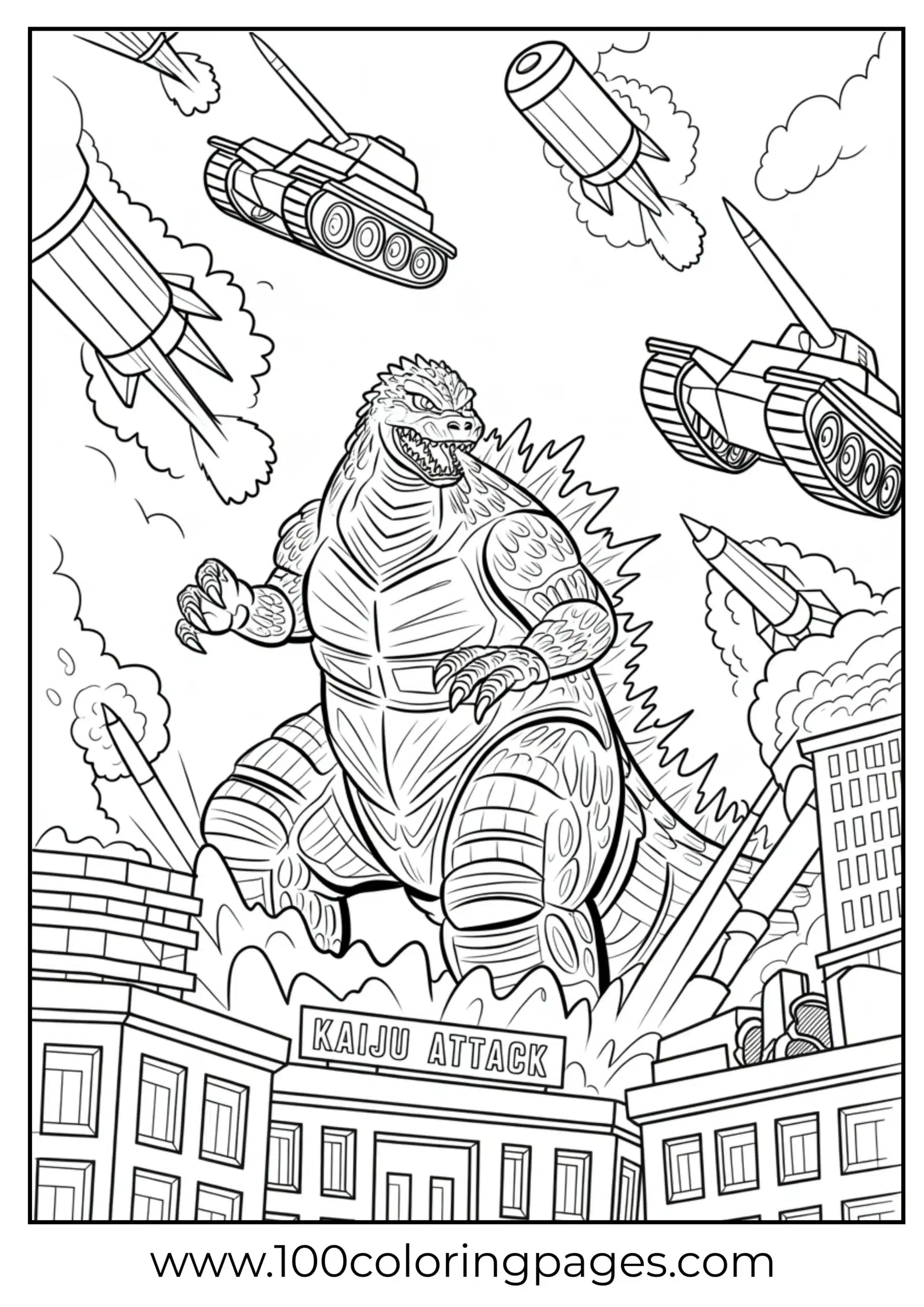Godzilla surrounded by tanks and missiles coloring page