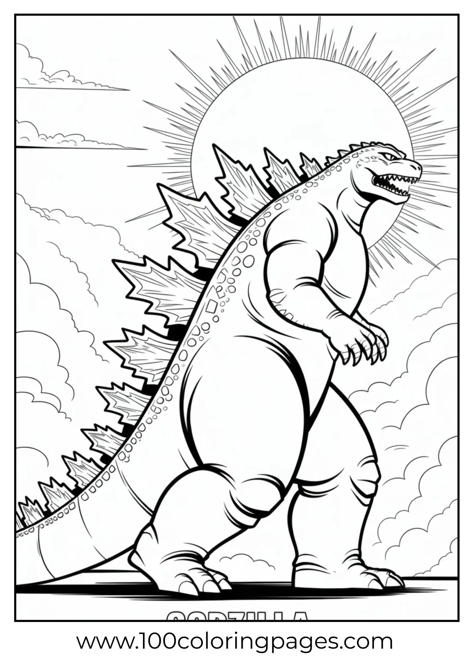 Godzilla dark silhouette with glowing spines coloring page