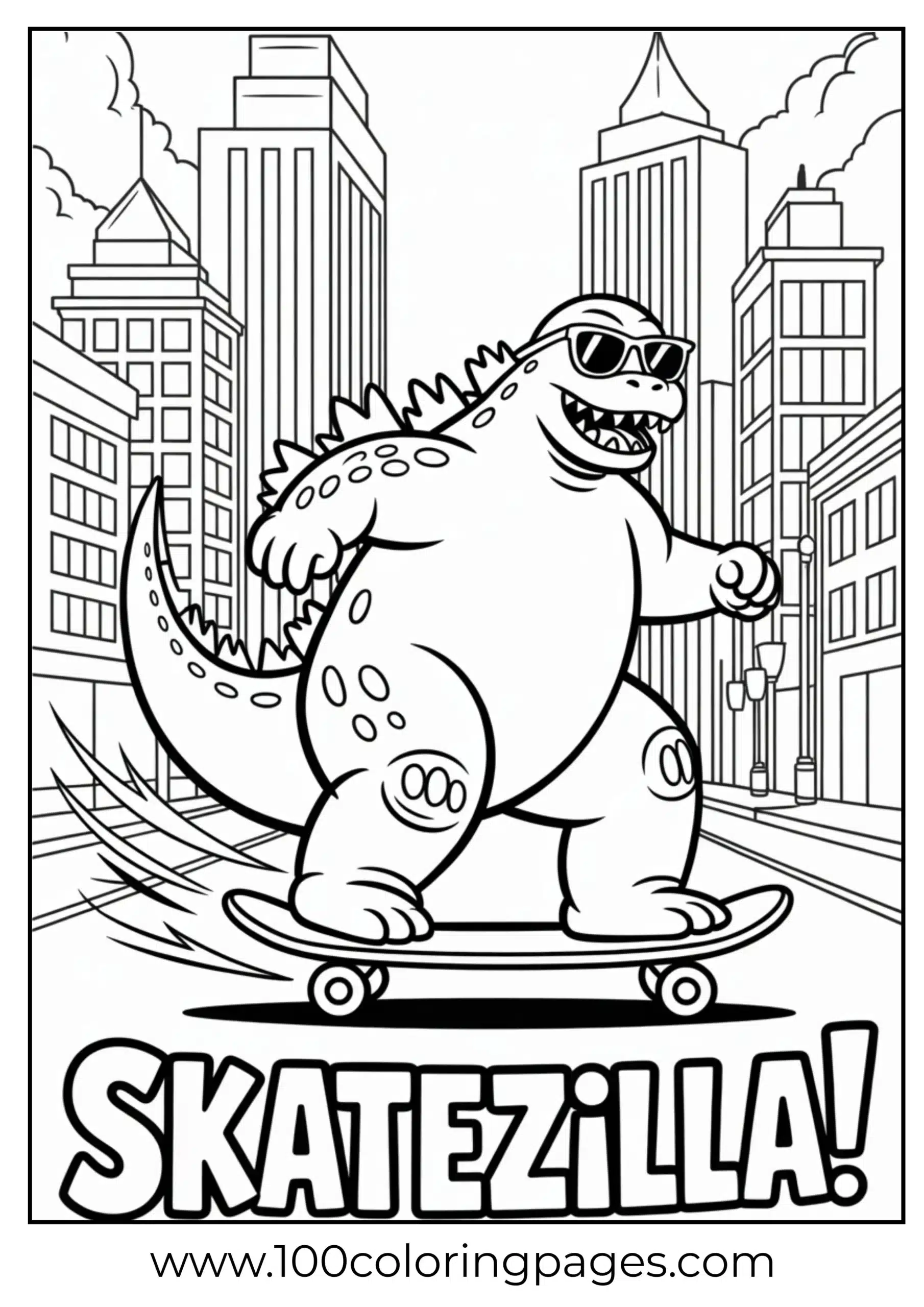 Godzilla skateboarding down urban road coloring page