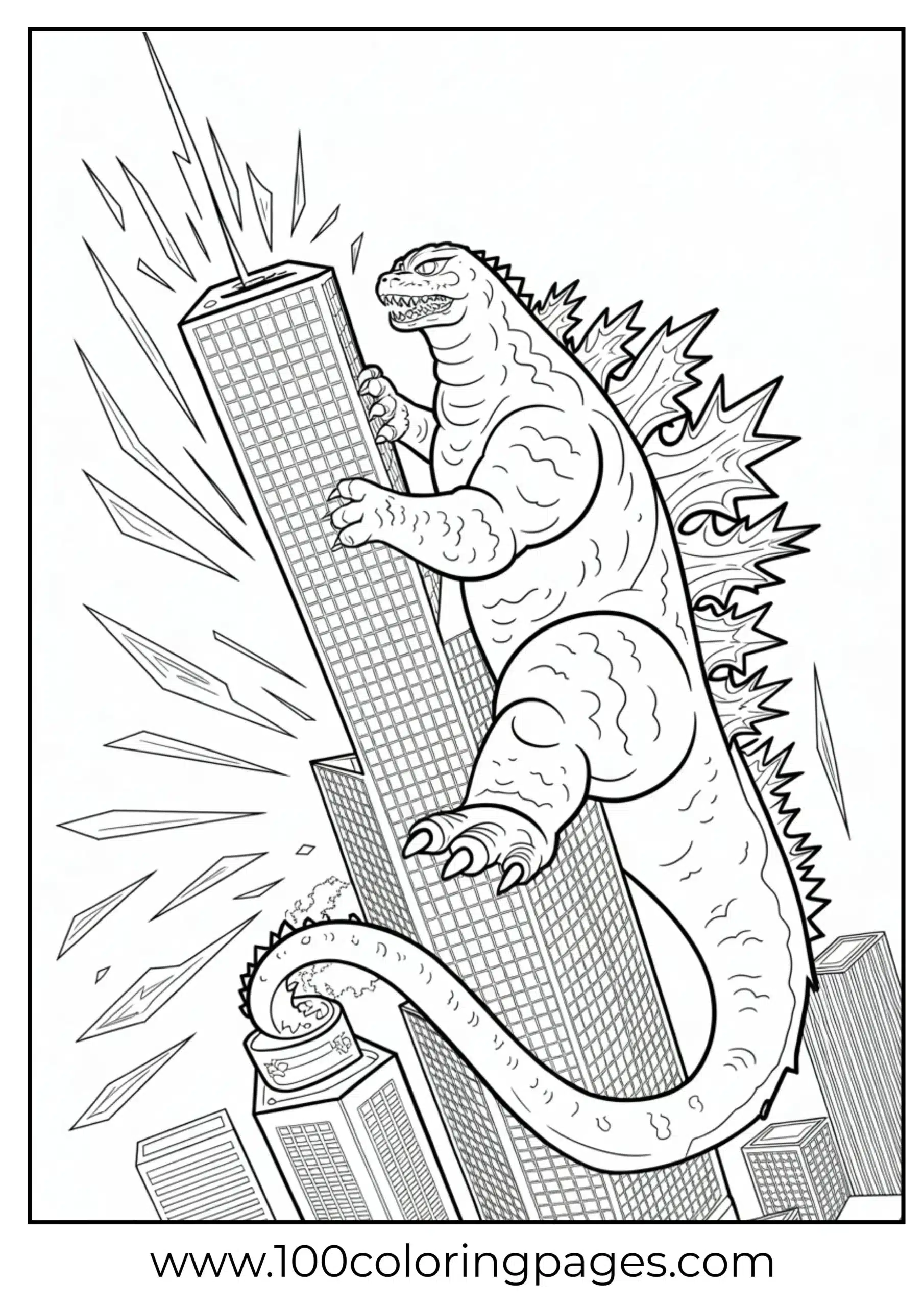 Godzilla scaling skyscraper with claws coloring page