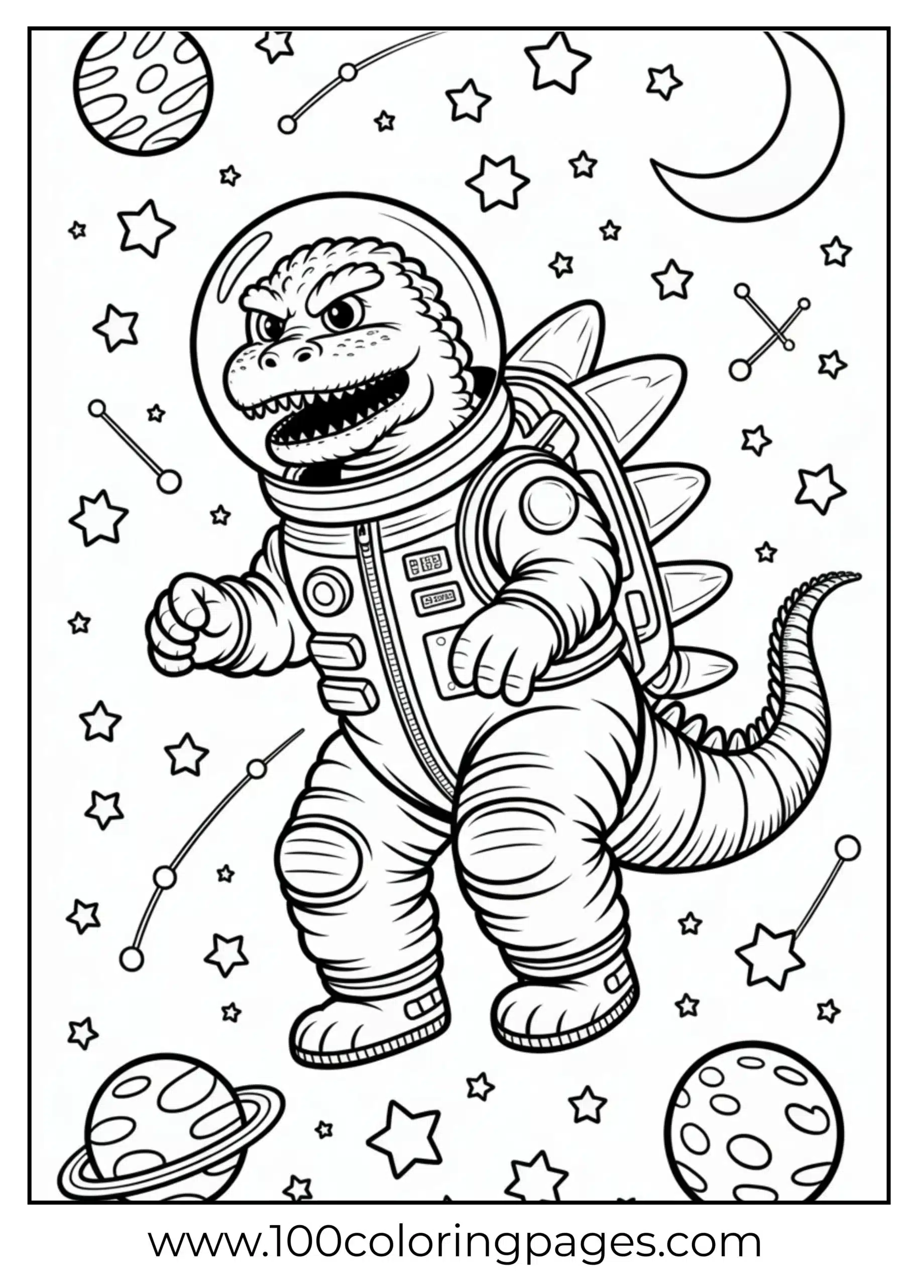 Godzilla wearing jetpack in space coloring page