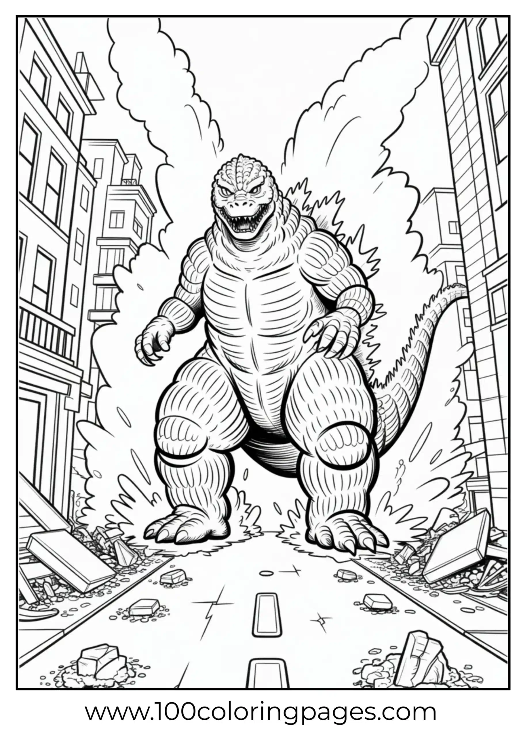 Godzilla stomping down city street coloring page