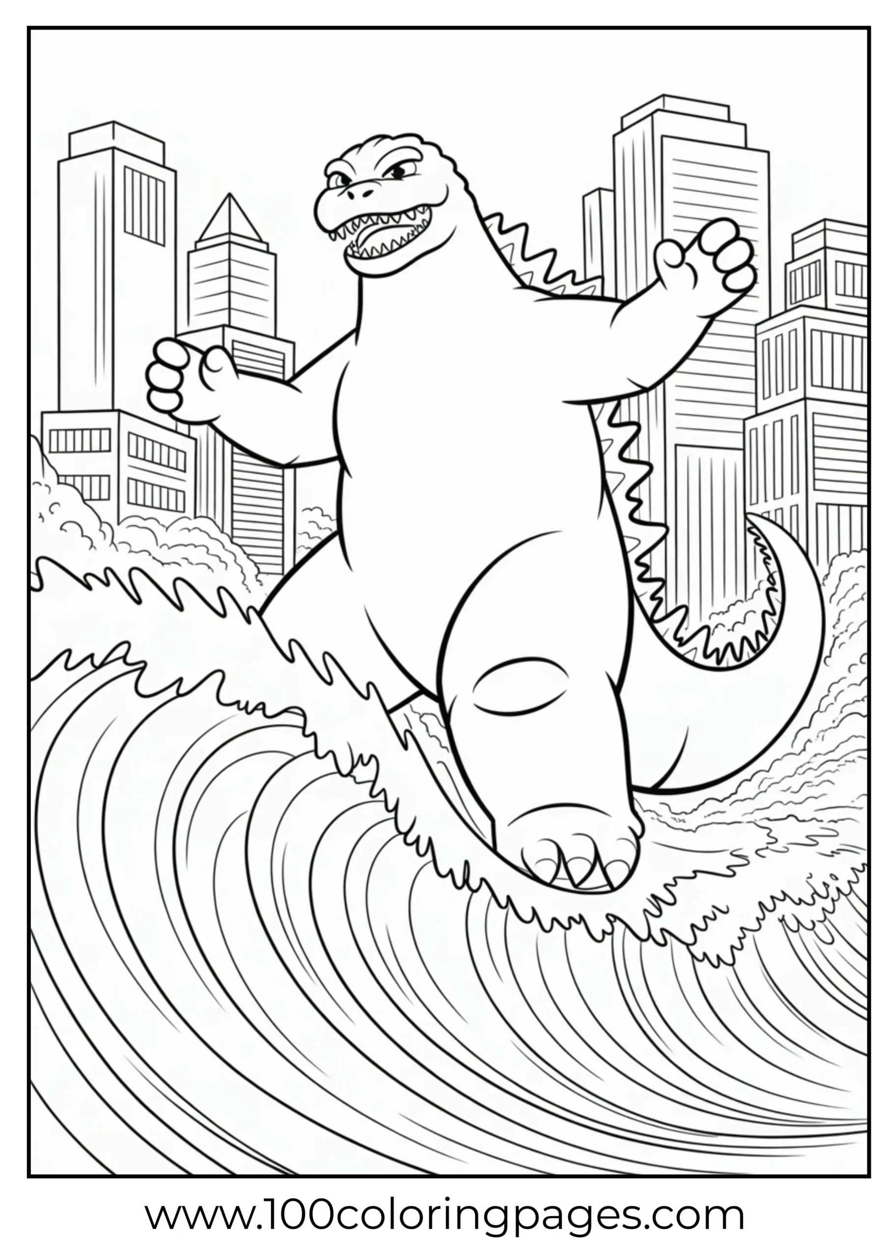 Godzilla surfing tidal wave toward shore coloring page