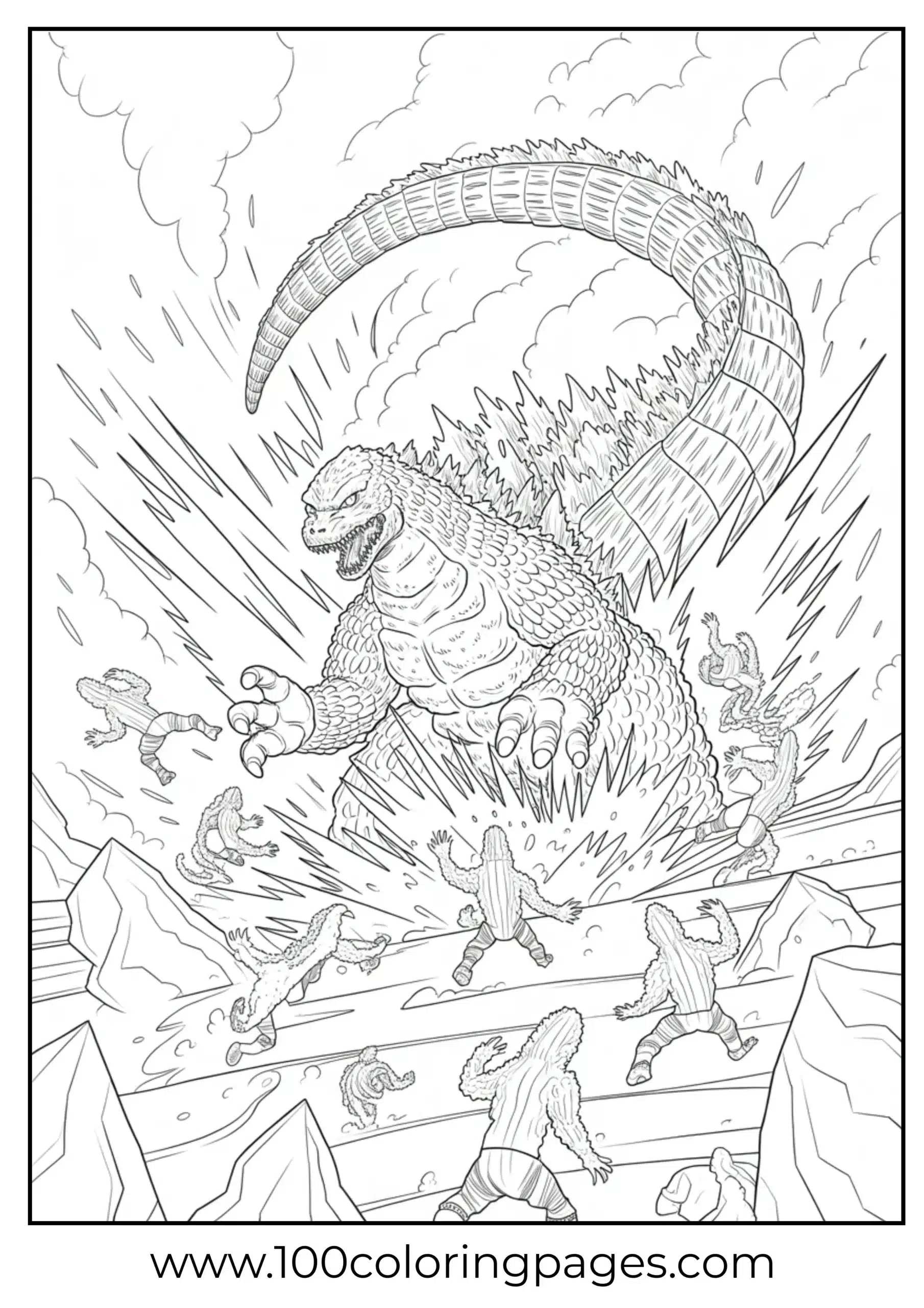 Godzilla tail swipe knocks back monsters coloring page