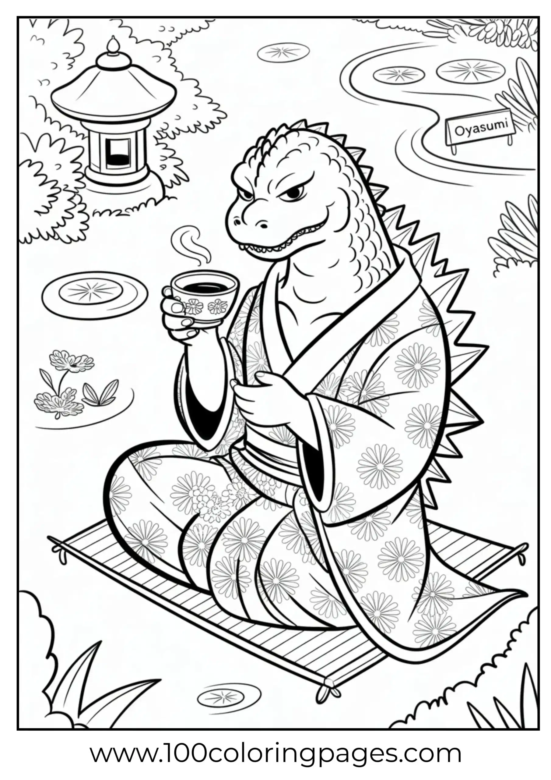 Godzilla drinking tea in garden wearing kimono coloring page