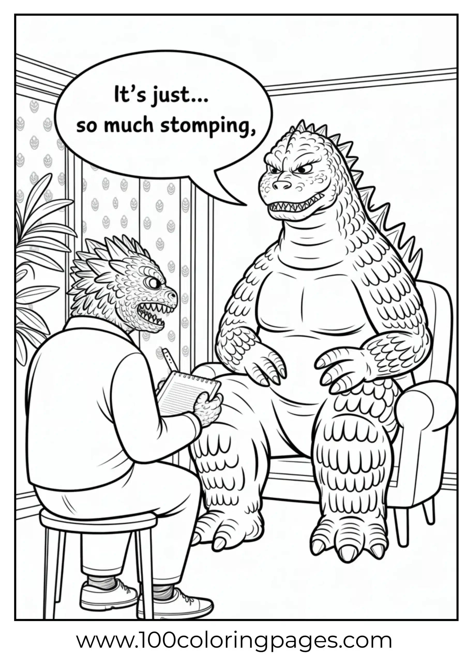 Godzilla on couch with kaiju therapist coloring page