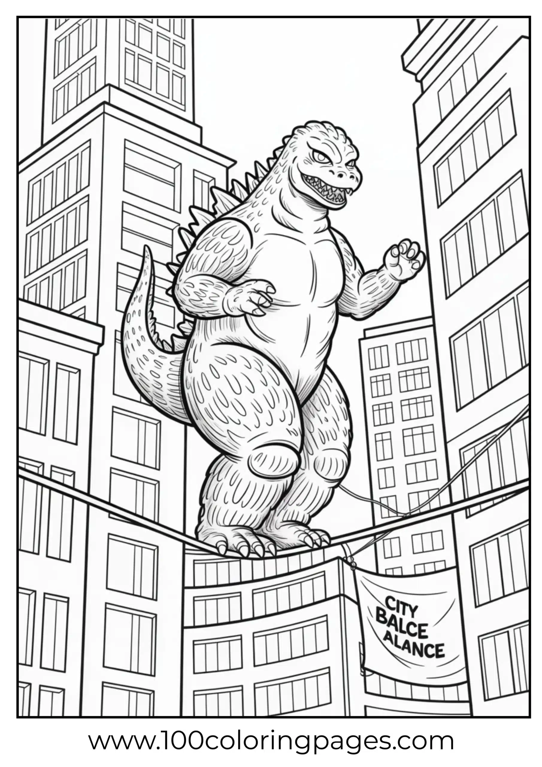 Godzilla walking tightrope between buildings coloring page