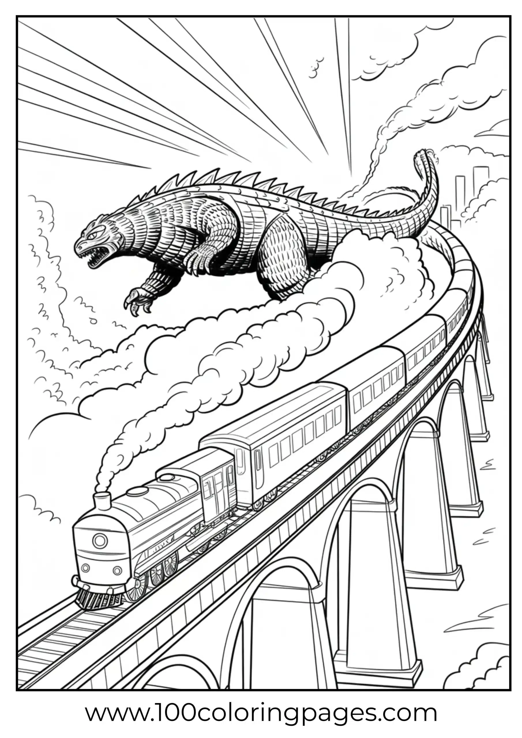 Godzilla chasing a train across a shaking bridge coloring page