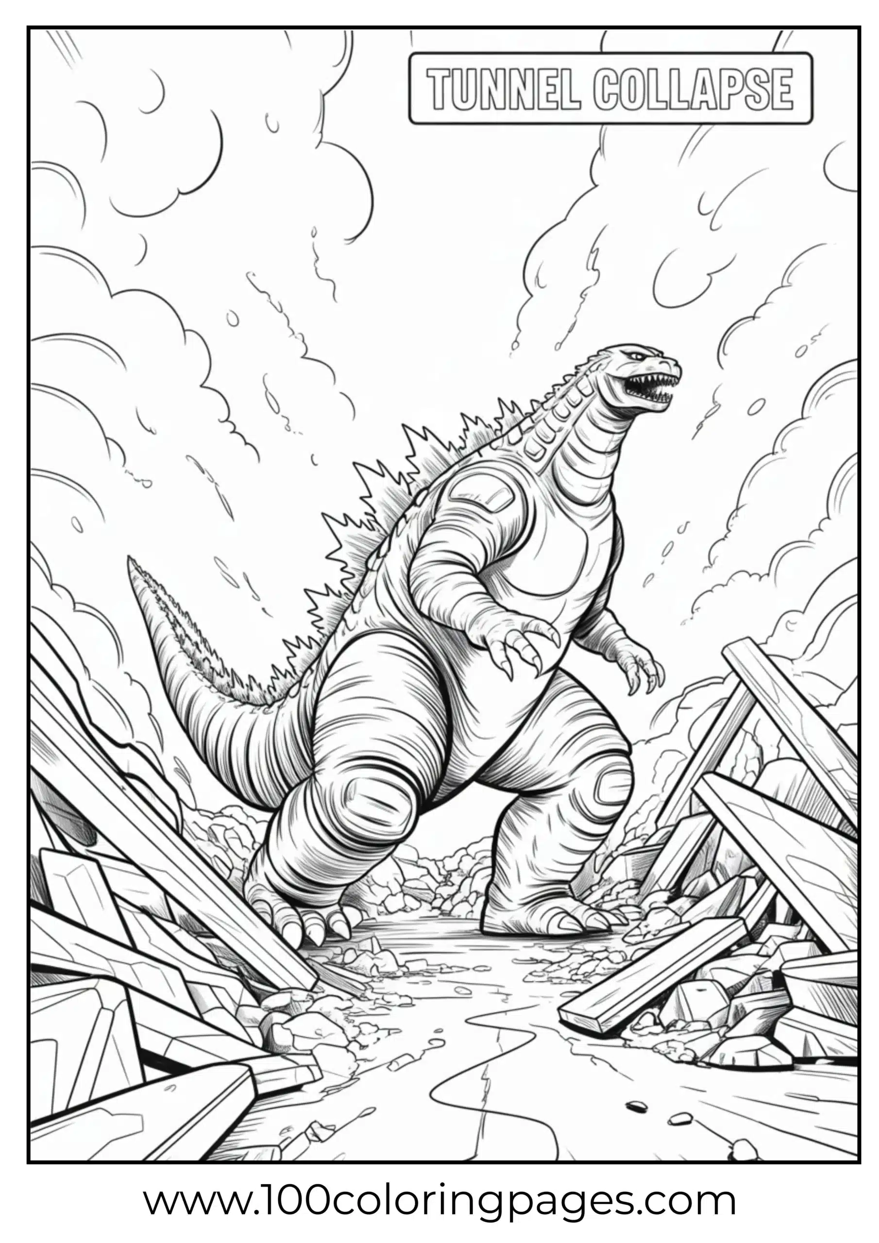 Godzilla crawling through ruined tunnel with debris coloring page