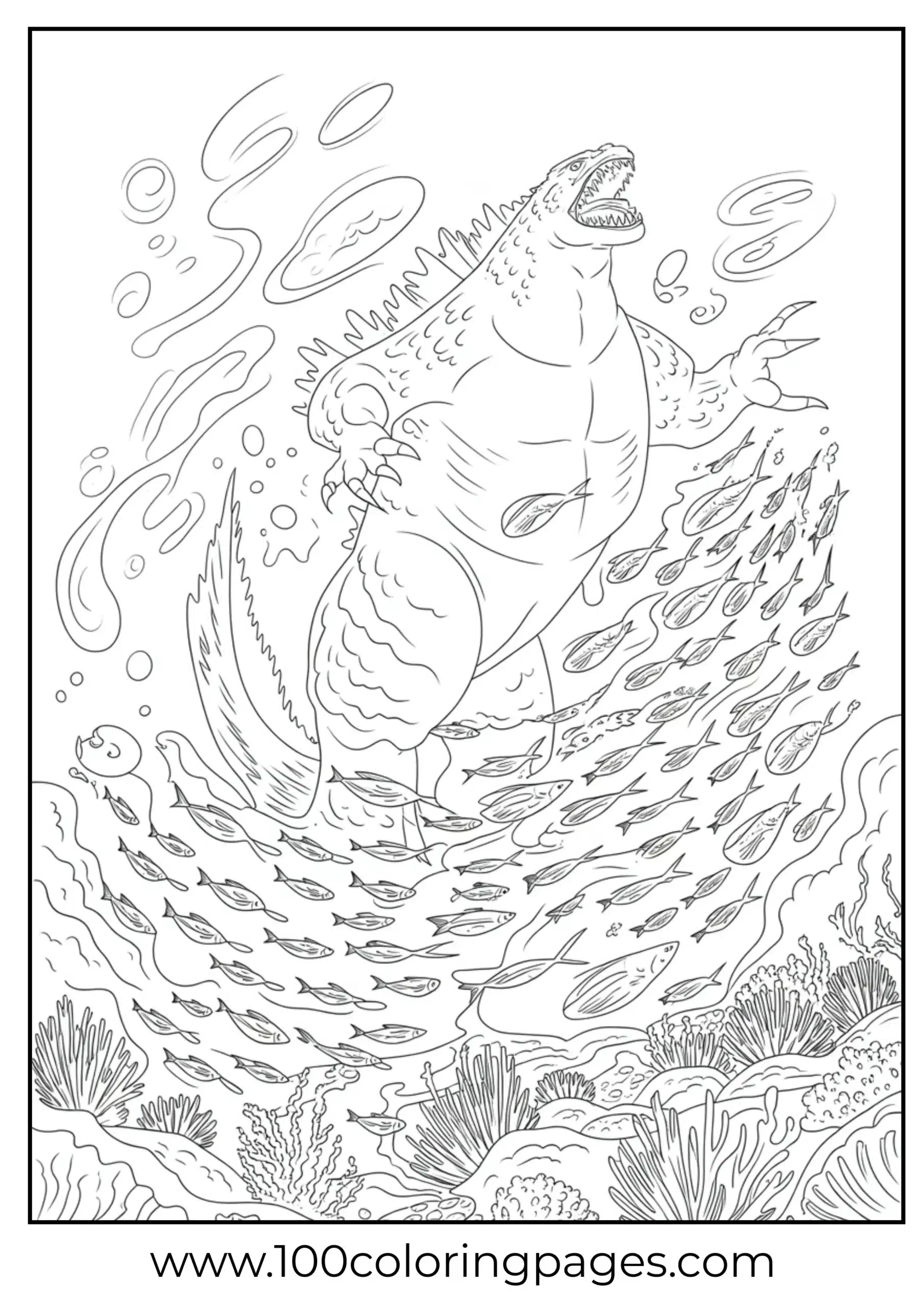 Godzilla roaring underwater with bubbles coloring page
