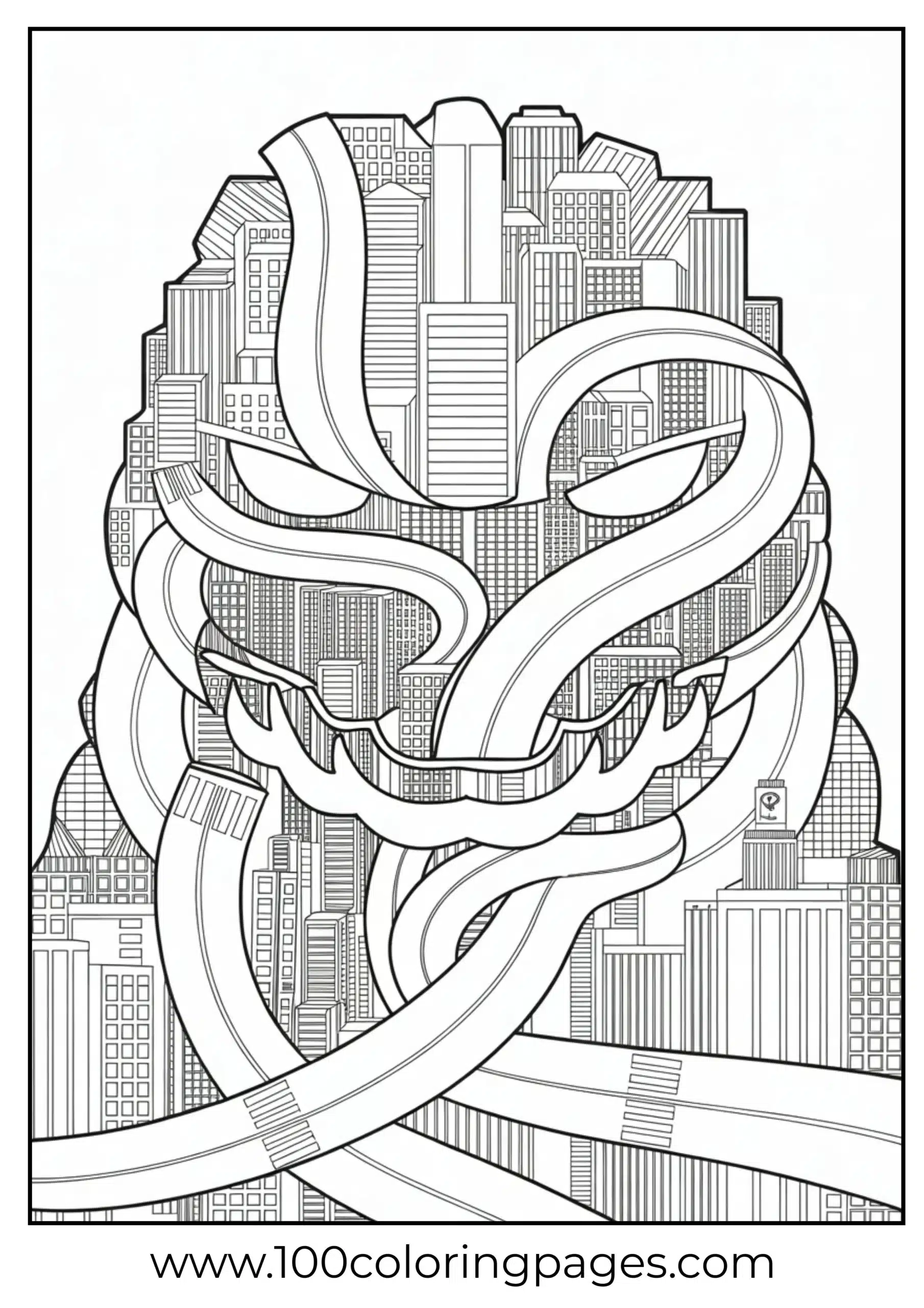 Godzilla face composed of buildings and roads coloring page