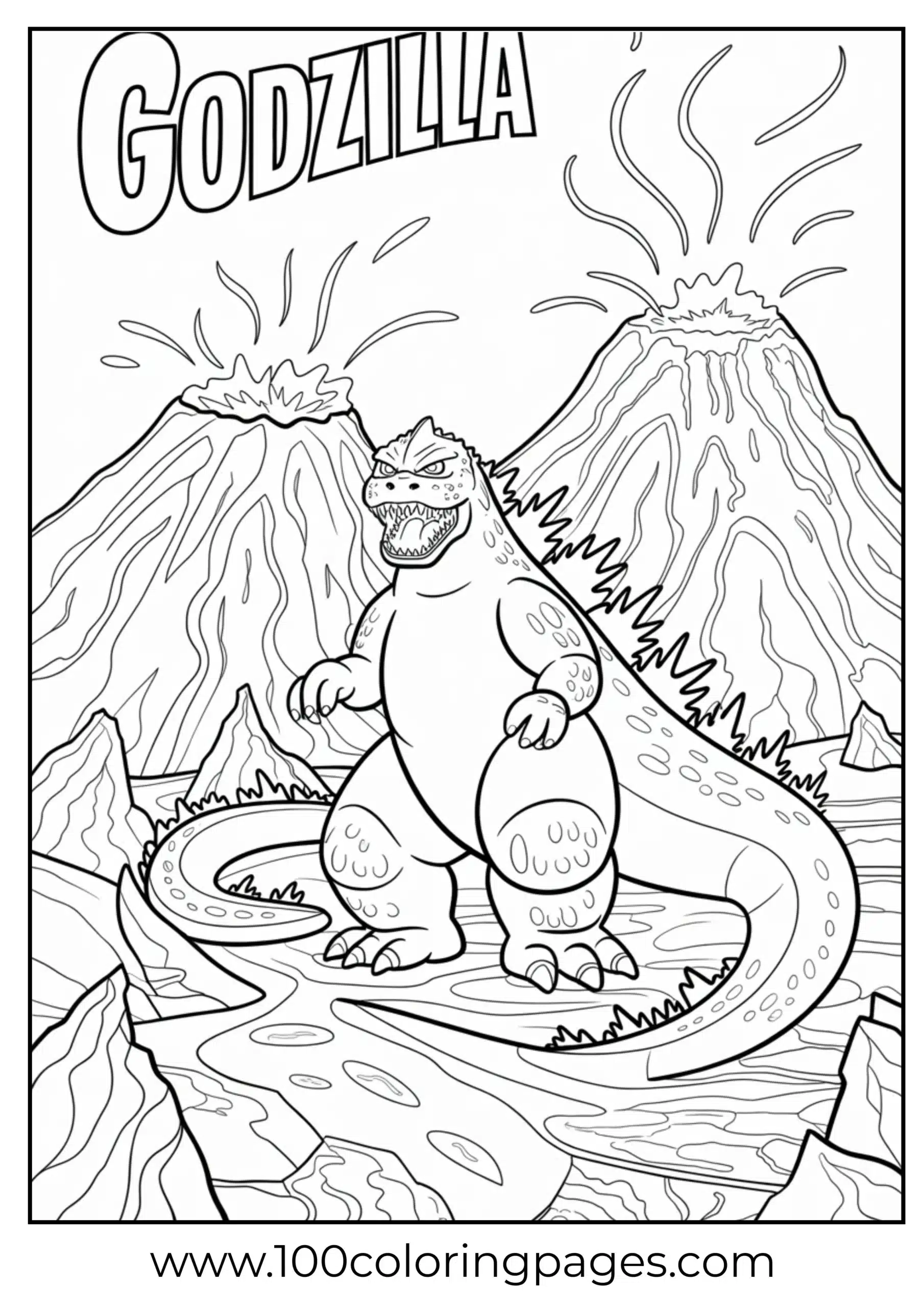 Godzilla roaring on lava ground with smoke coloring page